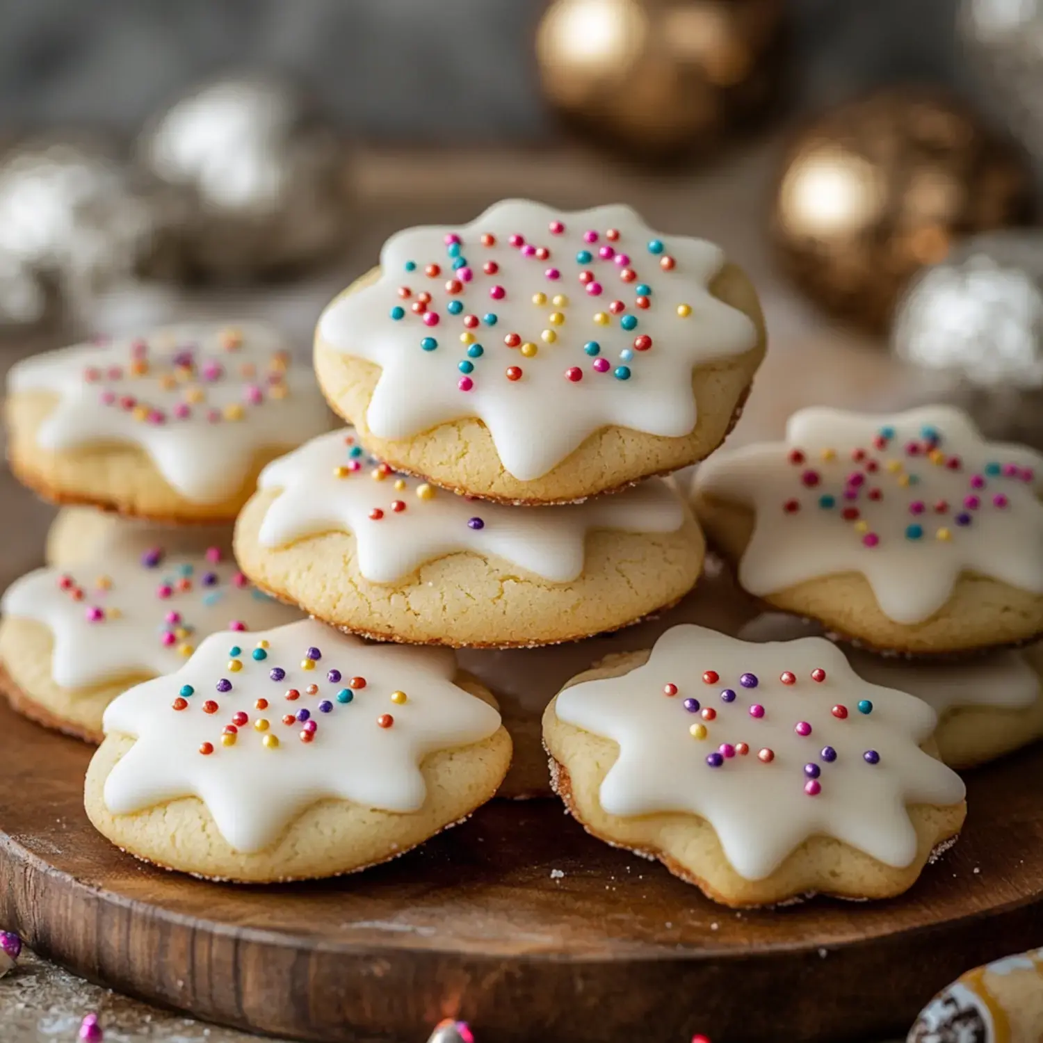 A stack of frosted star-shaped cookies decorated with colorful sprinkles sits on a wooden plate, with festive ornaments in the background.