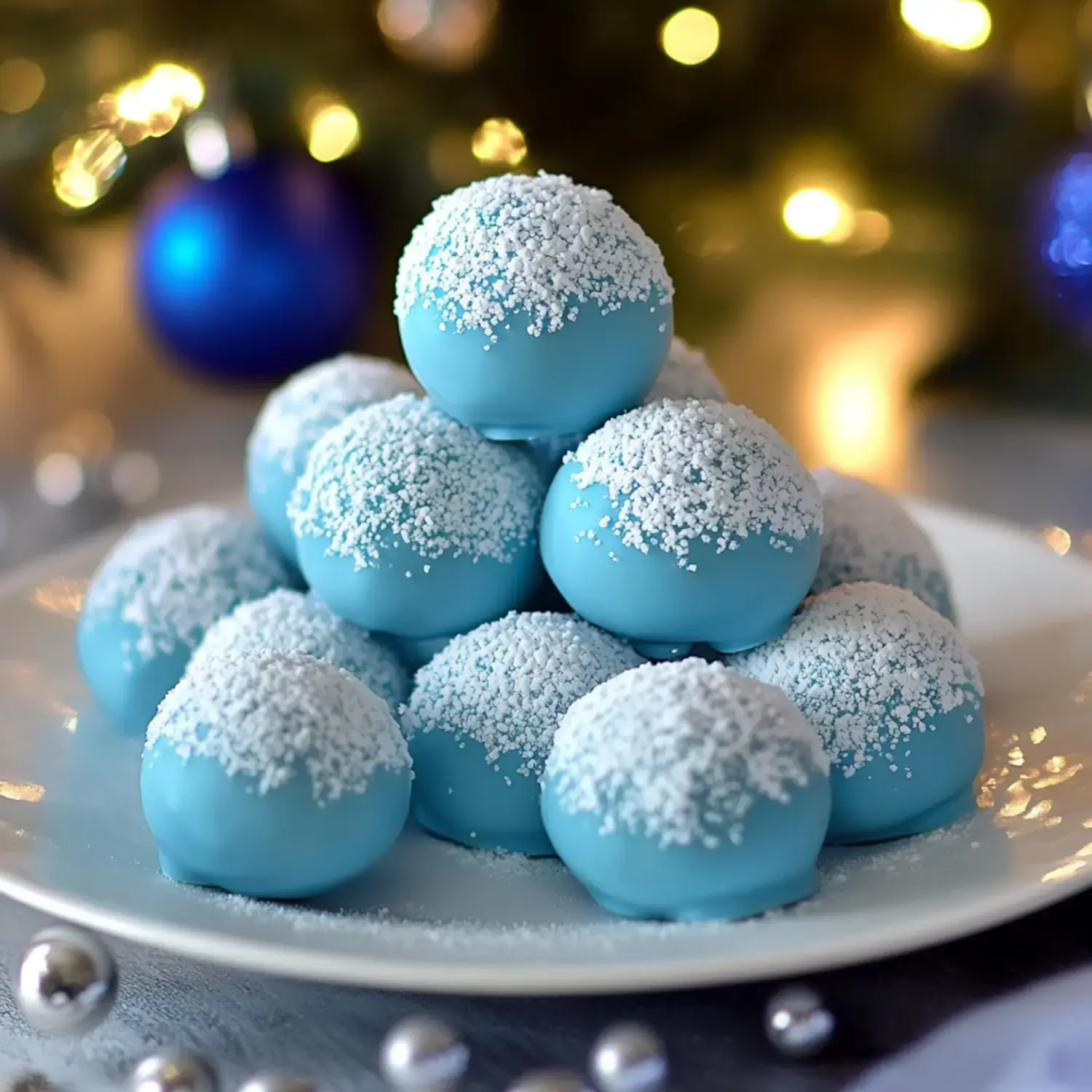 A decorative plate stacked with blue, snow-dusted cake balls in a festive setting.