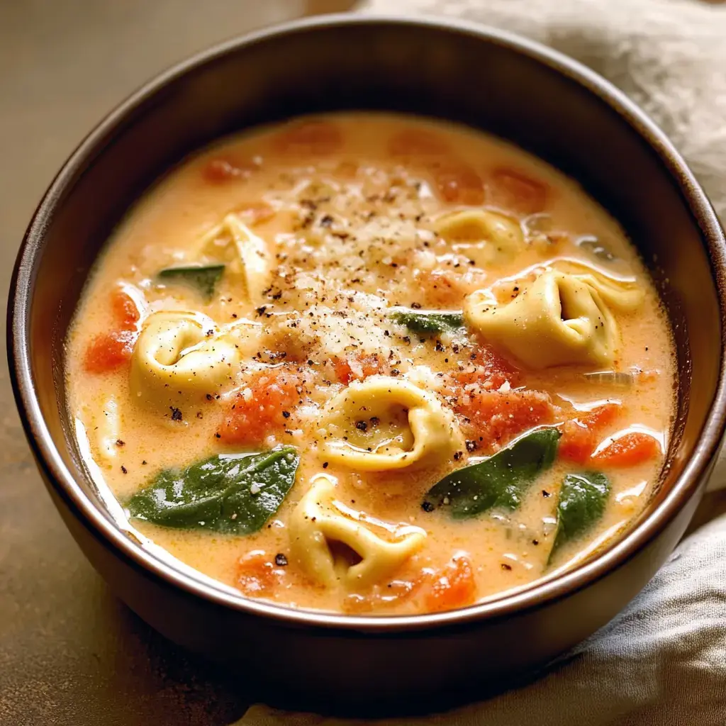 A bowl of creamy soup contains tortellini, spinach, and diced tomatoes, topped with grated cheese and black pepper.