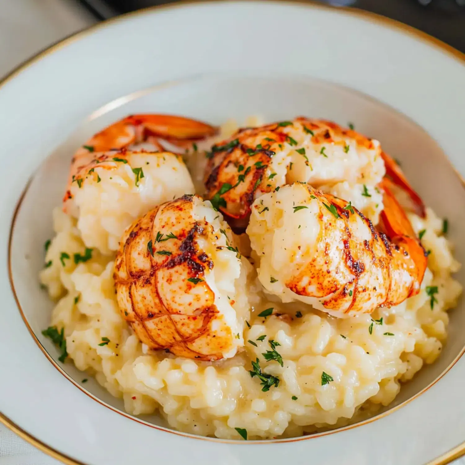 A plate of creamy risotto topped with several pieces of grilled lobster, garnished with fresh herbs.