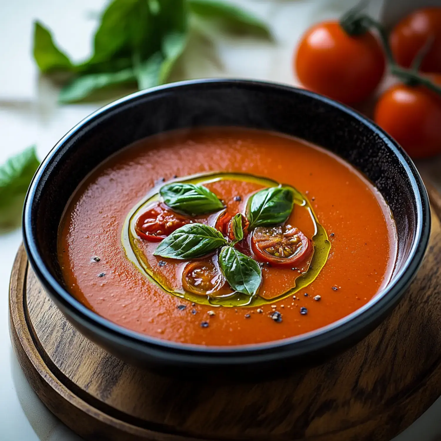 A bowl of rich tomato soup garnished with fresh basil leaves, sliced cherry tomatoes, and a drizzle of olive oil.