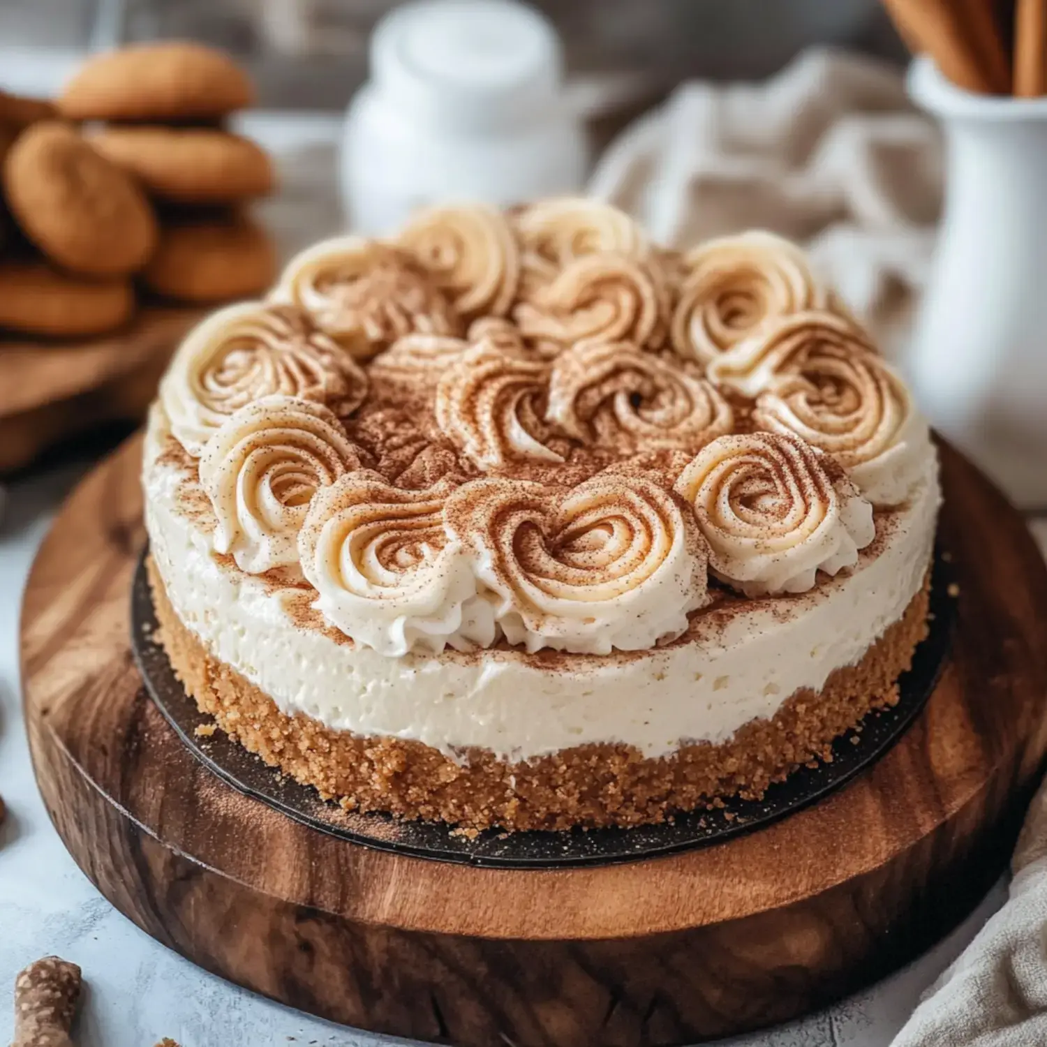 A beautifully crafted cheesecake topped with swirls of cream and a sprinkling of cinnamon, presented on a wooden board.