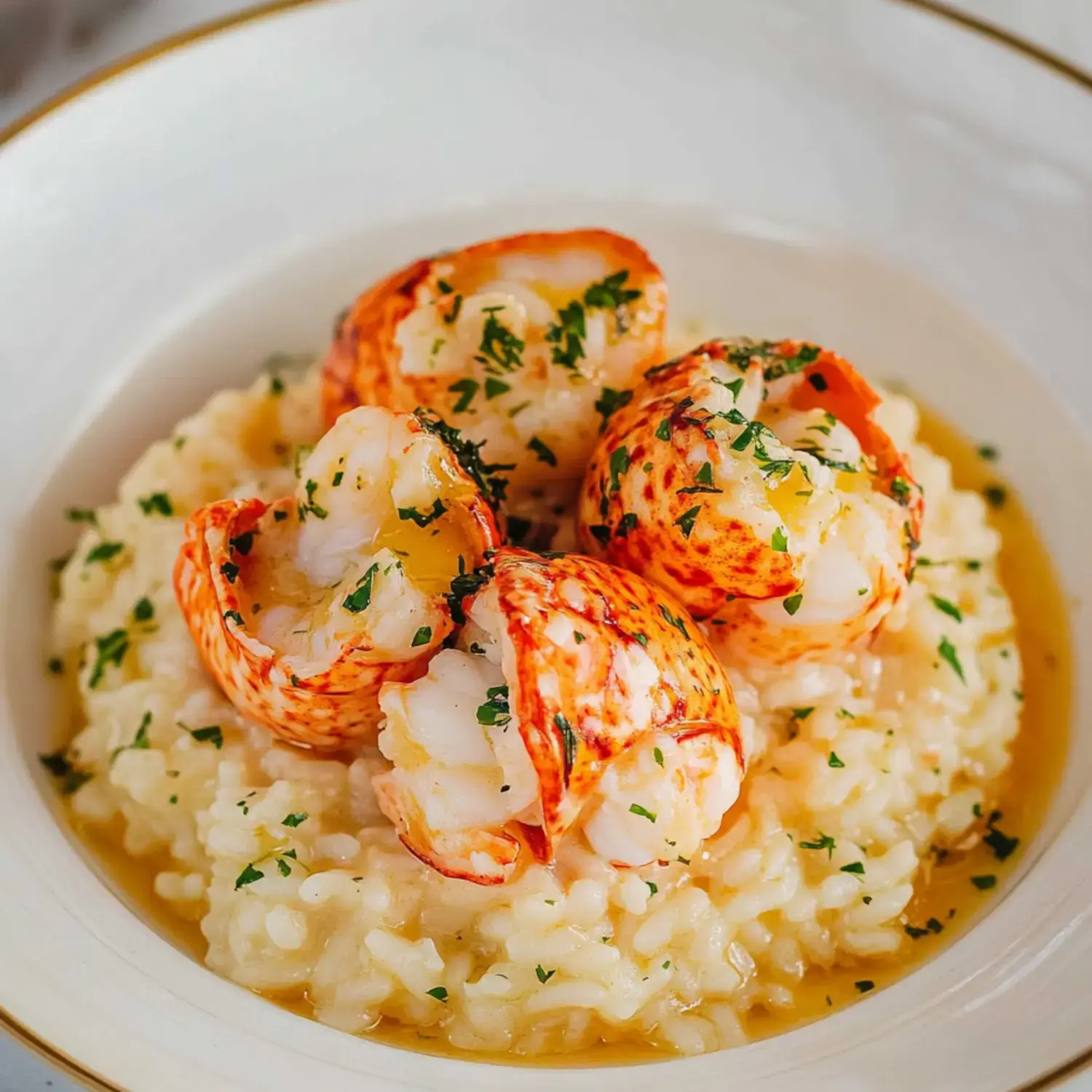 A creamy risotto topped with succulent lobster meat and garnished with fresh parsley.