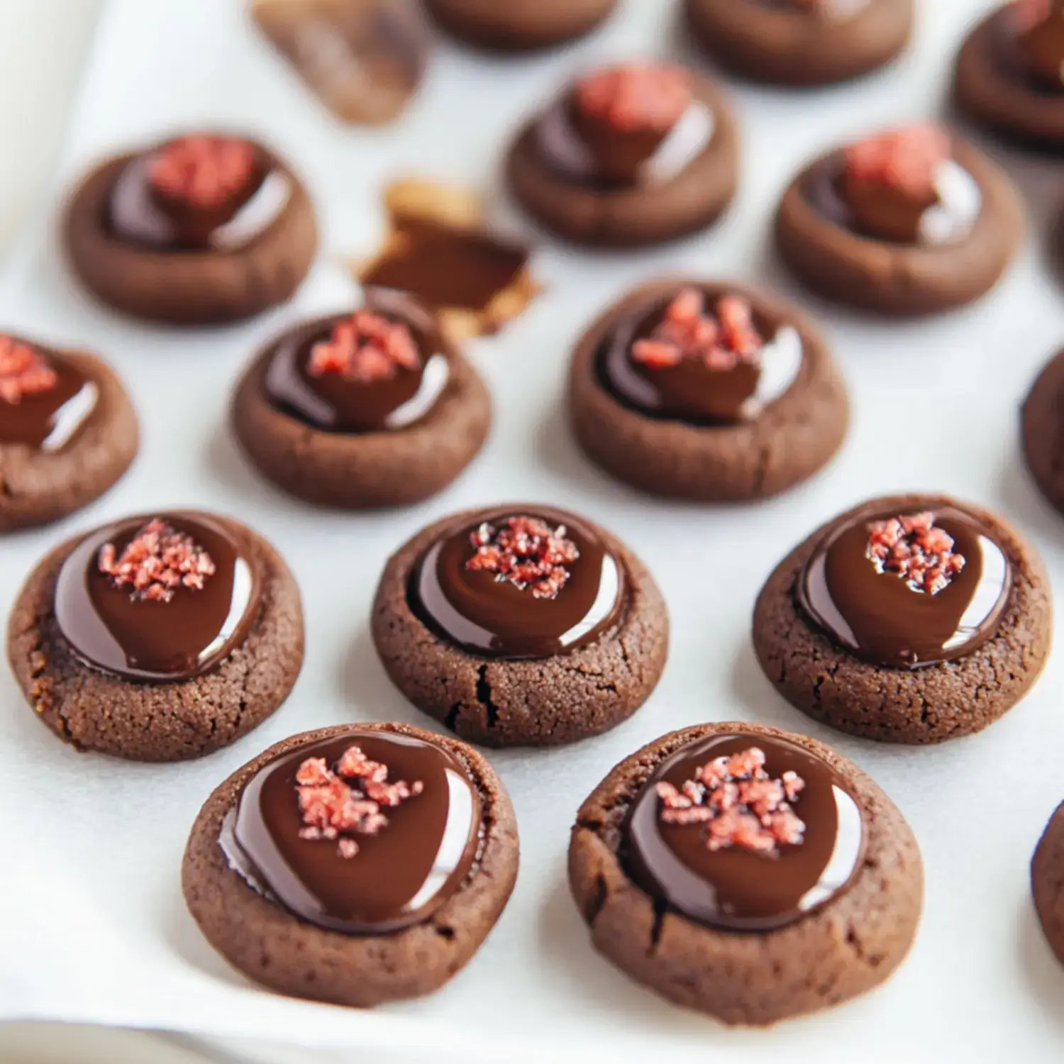 A tray of chocolate cookies topped with glossy chocolate and sprinkled with red bits, resting on parchment paper.