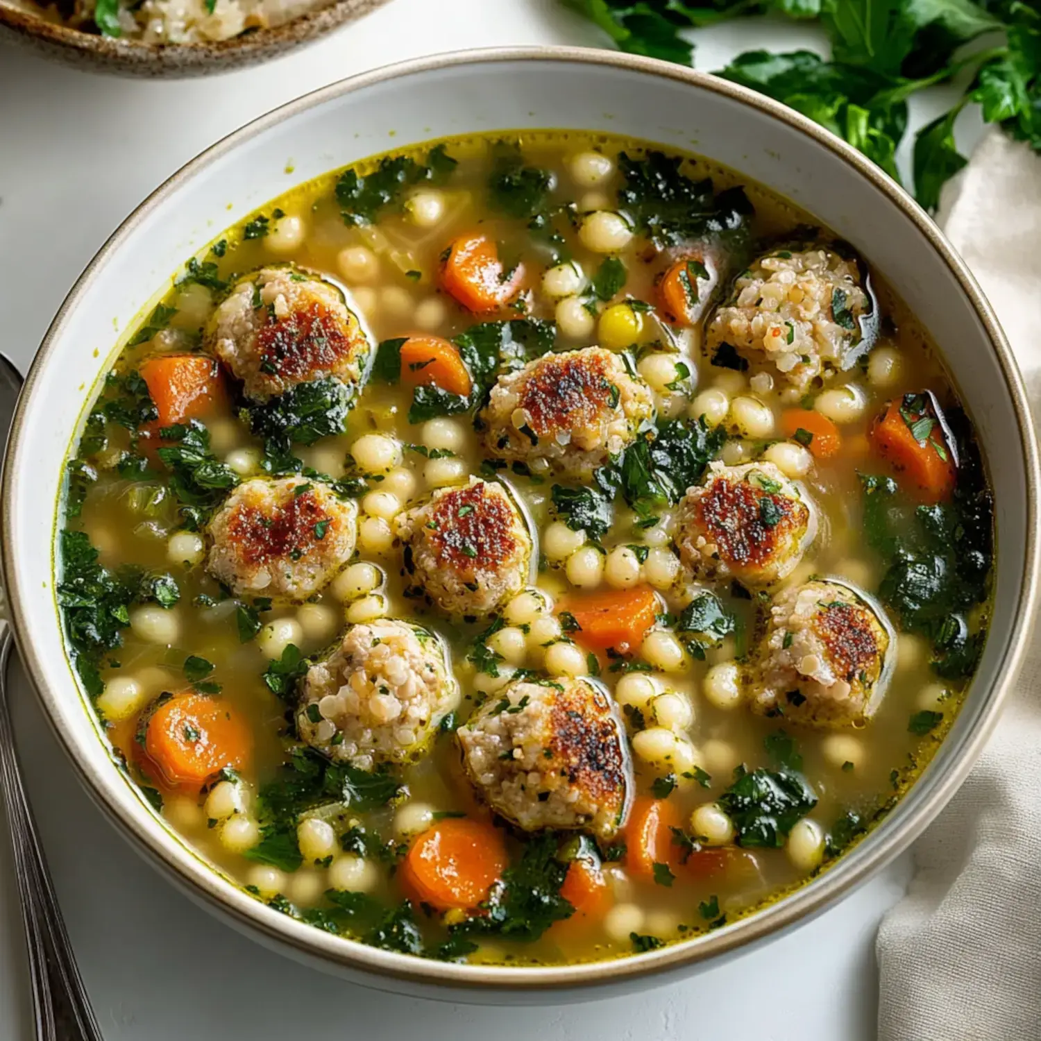 A bowl of soup filled with small meatballs, carrots, and greens, served with pearl couscous in a flavorful broth.