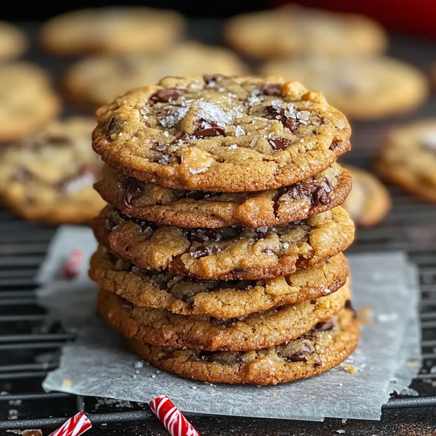 A stack of freshly baked chocolate chip cookies topped with a sprinkle of salt, set on a cooling rack with a festive candy cane nearby.