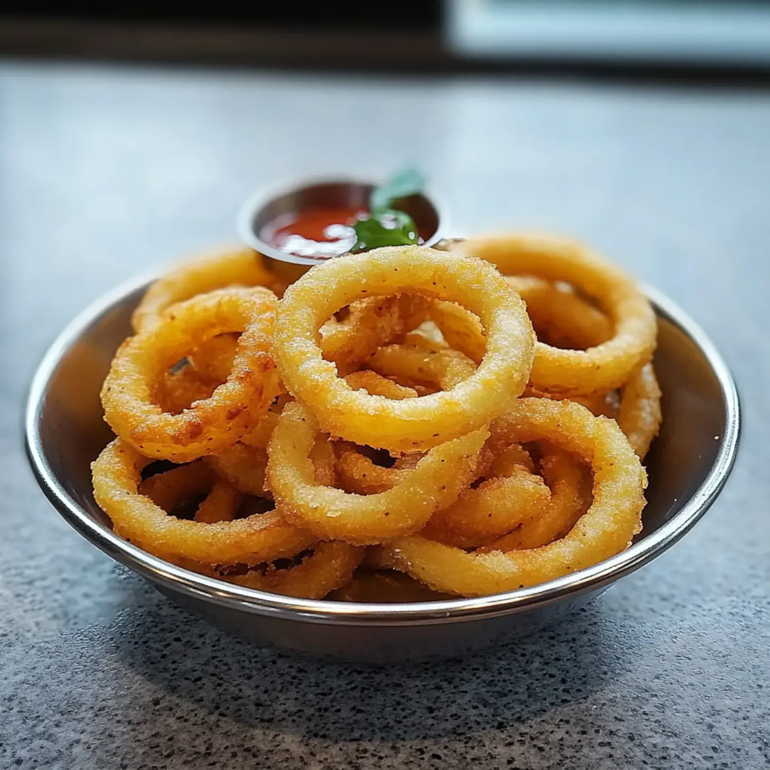 A bowl of golden-brown fried onion rings served with a small cup of dipping sauce.