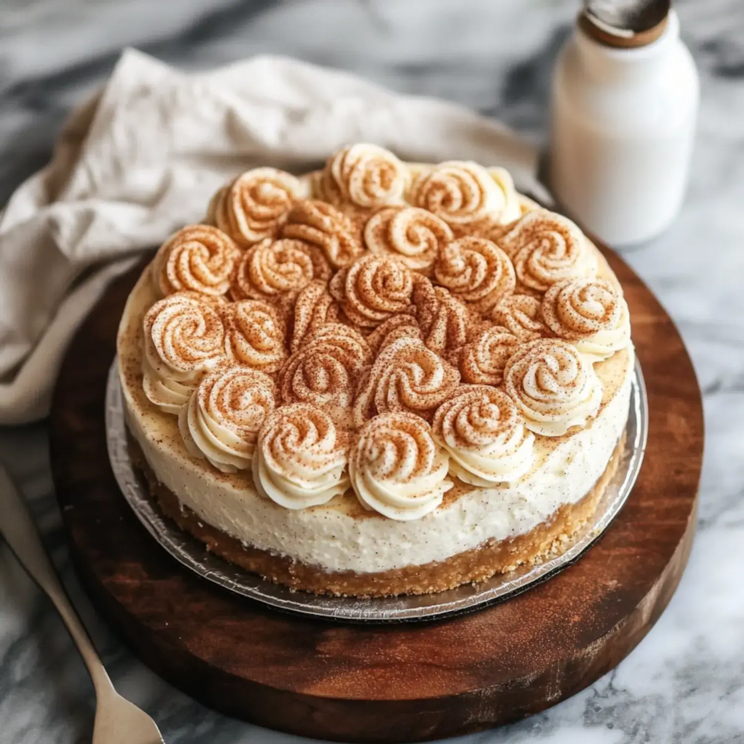 Gâteau crémeux décoré de roses en crème et saupoudré de cannelle, posé sur une planche en bois.