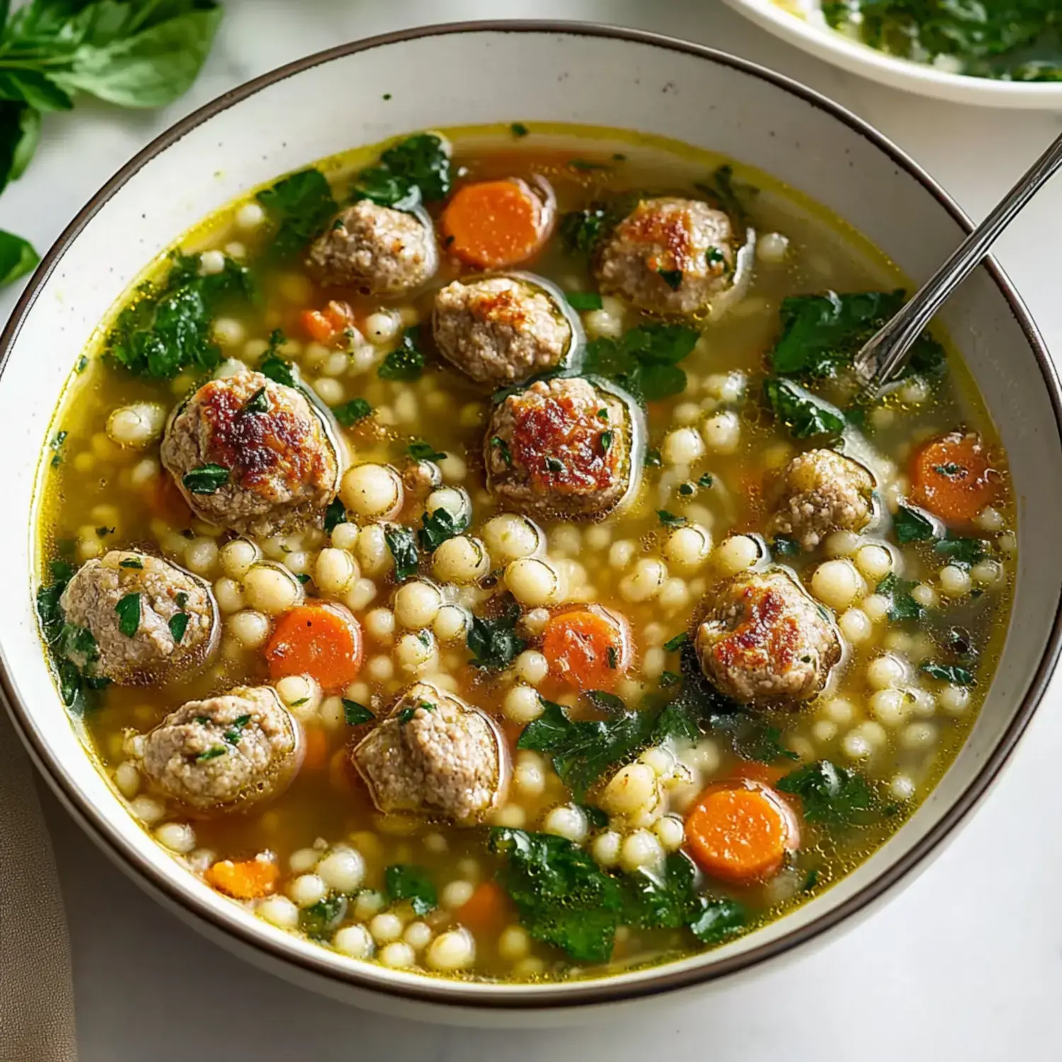 A bowl of brothy soup containing meatballs, carrots, spinach, and small pasta, garnished with herbs.