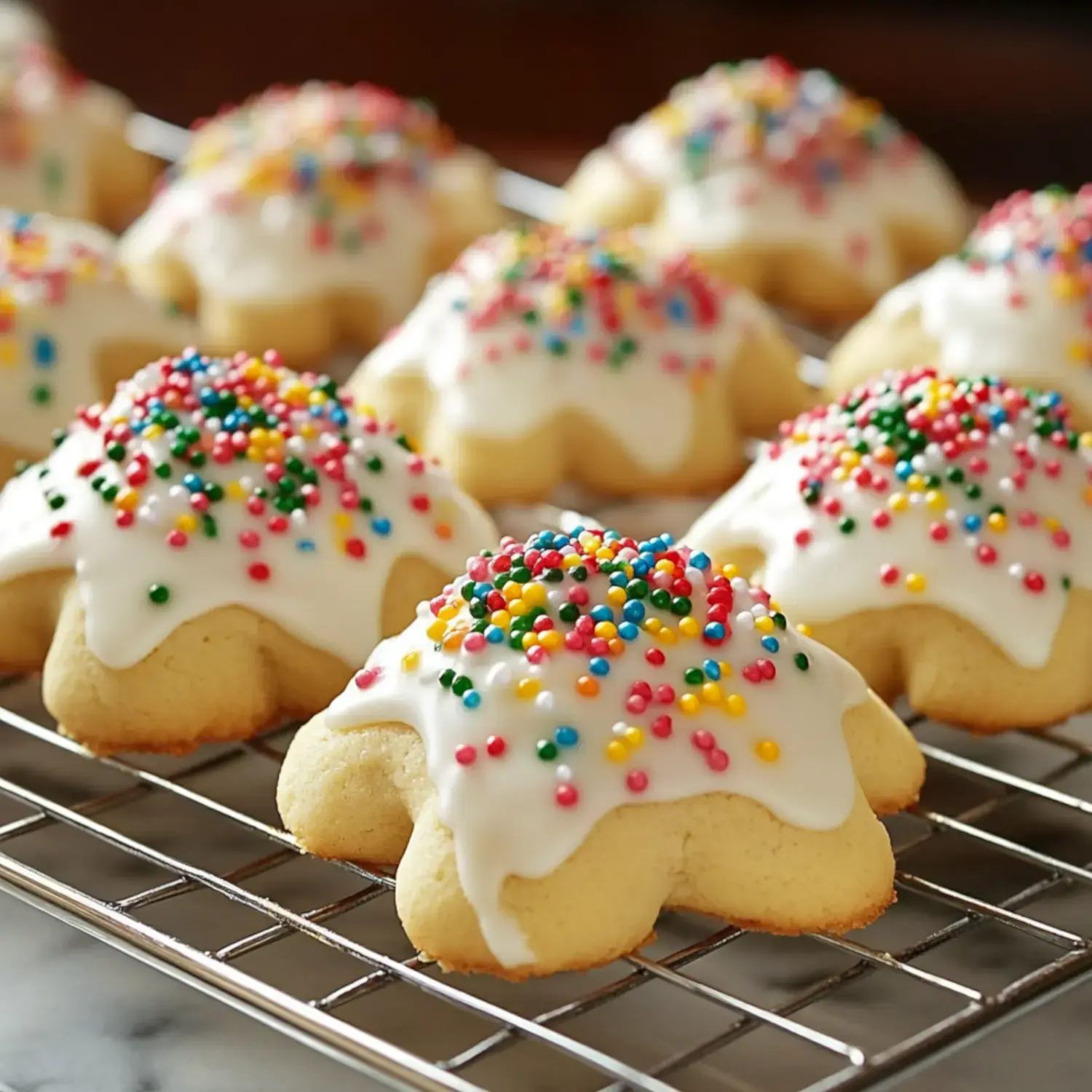 A close-up of decorated cookies with white icing and colorful sprinkles cooling on a wire rack.