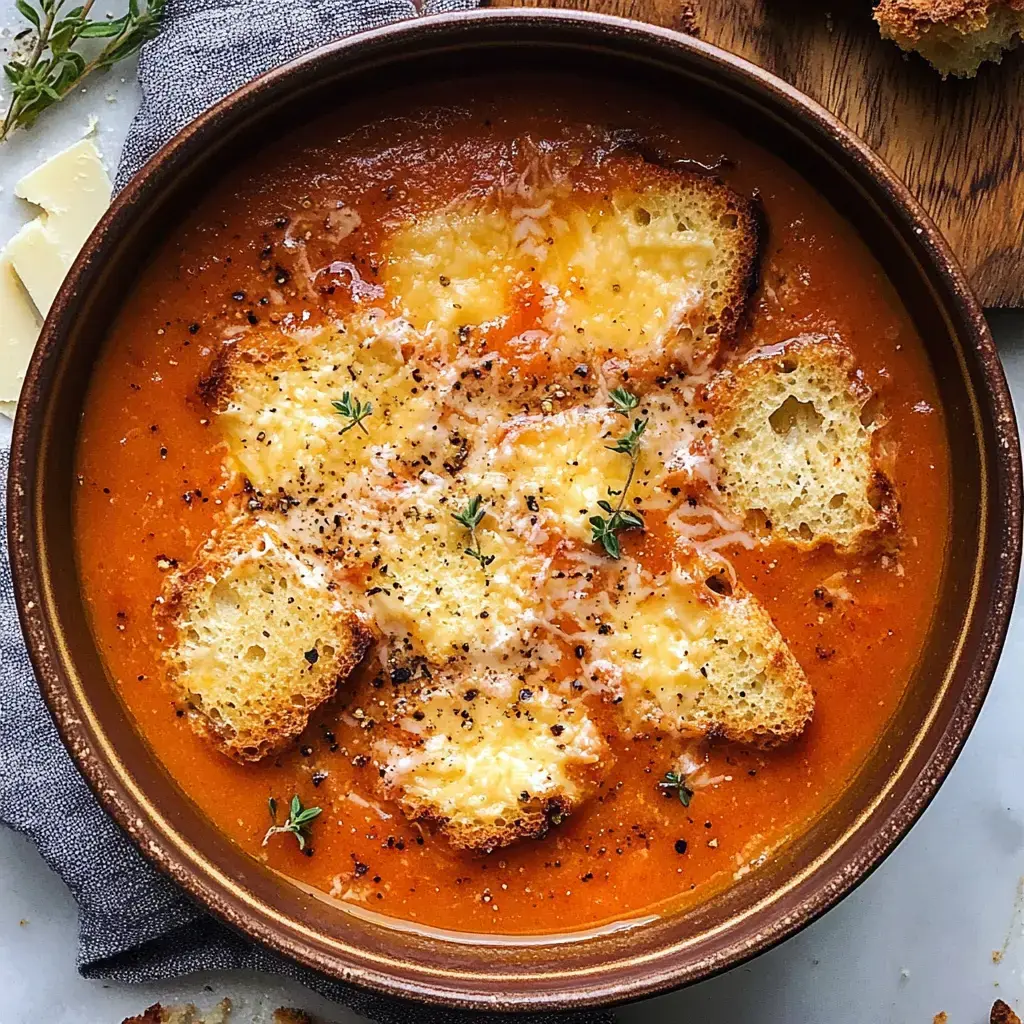 A bowl of tomato soup topped with melted cheese, crispy bread pieces, and fresh thyme, sitting on a gray napkin.