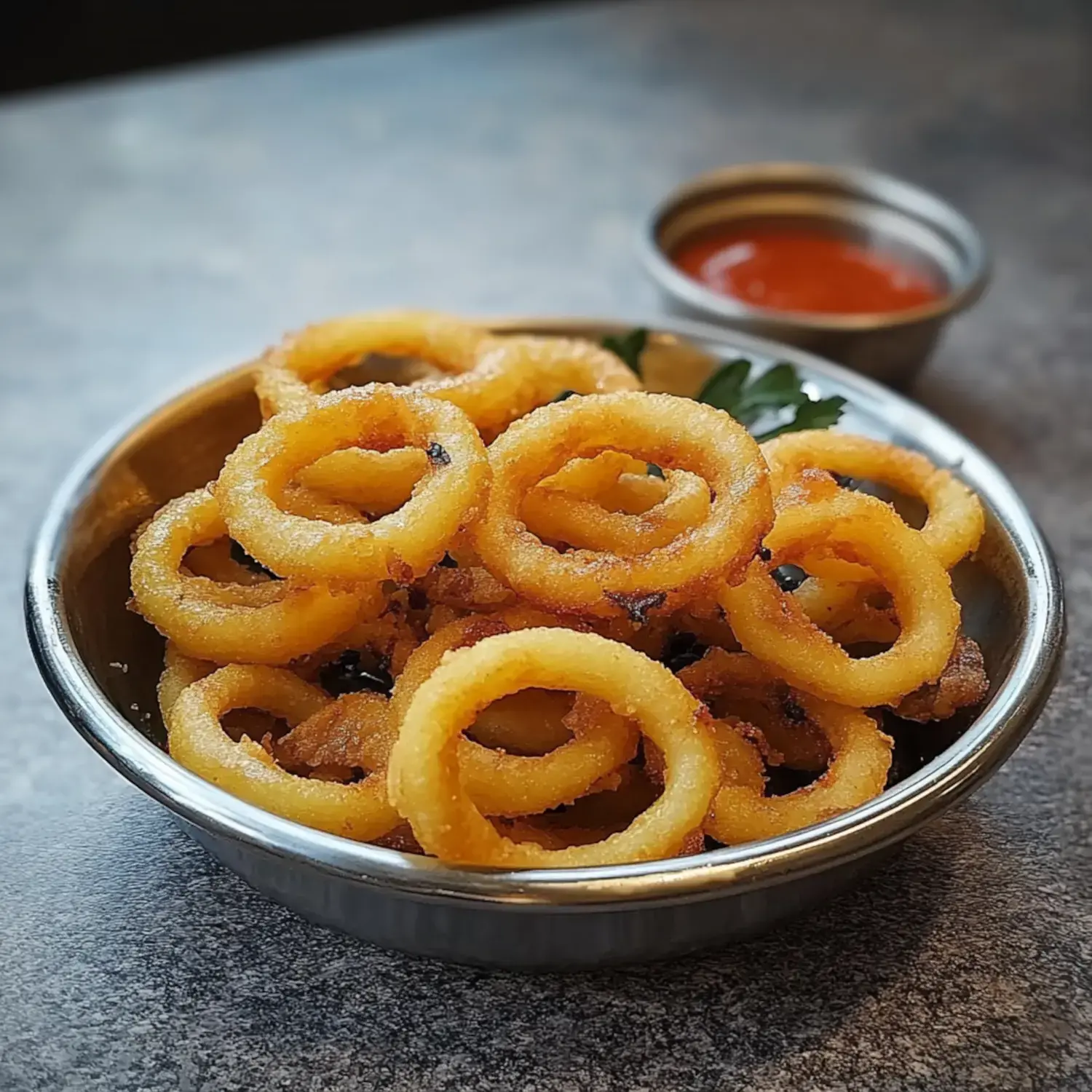 A bowl of crispy, golden fried onion rings served with a small container of dipping sauce.