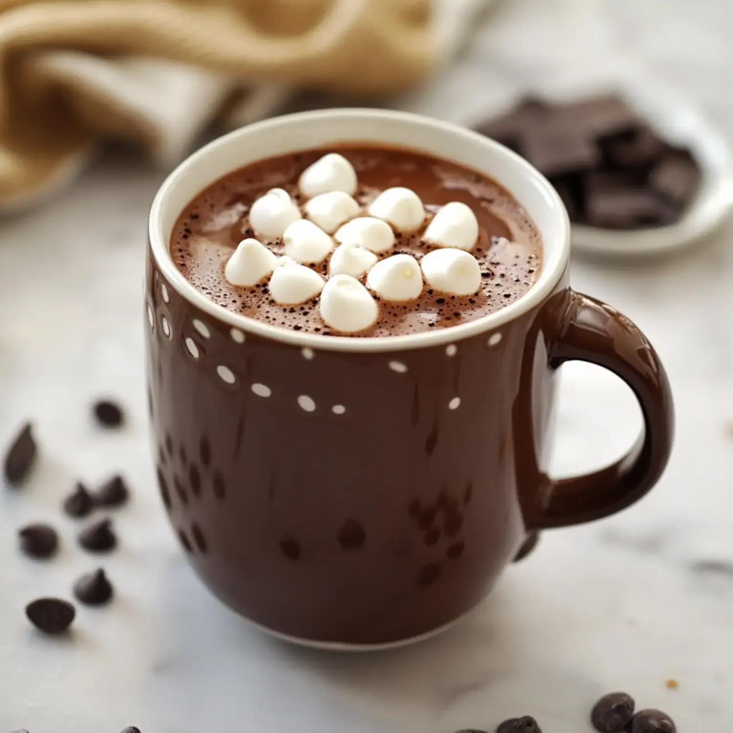 A cozy mug of hot chocolate topped with marshmallows, surrounded by chocolate chips on a marble surface.