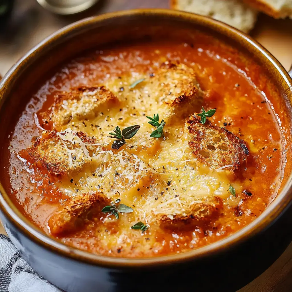 A bowl of tomato soup topped with crispy bread, melted cheese, and fresh herbs.