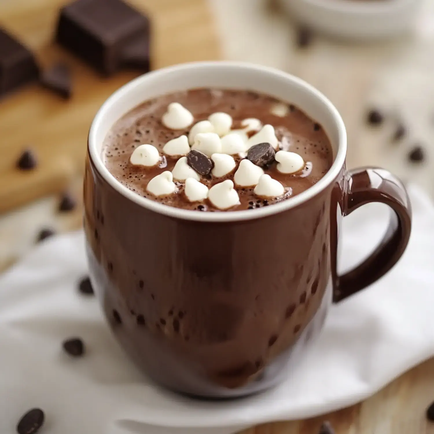 A brown mug filled with hot chocolate topped with white and dark chocolate heart-shaped candies, surrounded by chocolate pieces and coffee beans on a wooden surface.