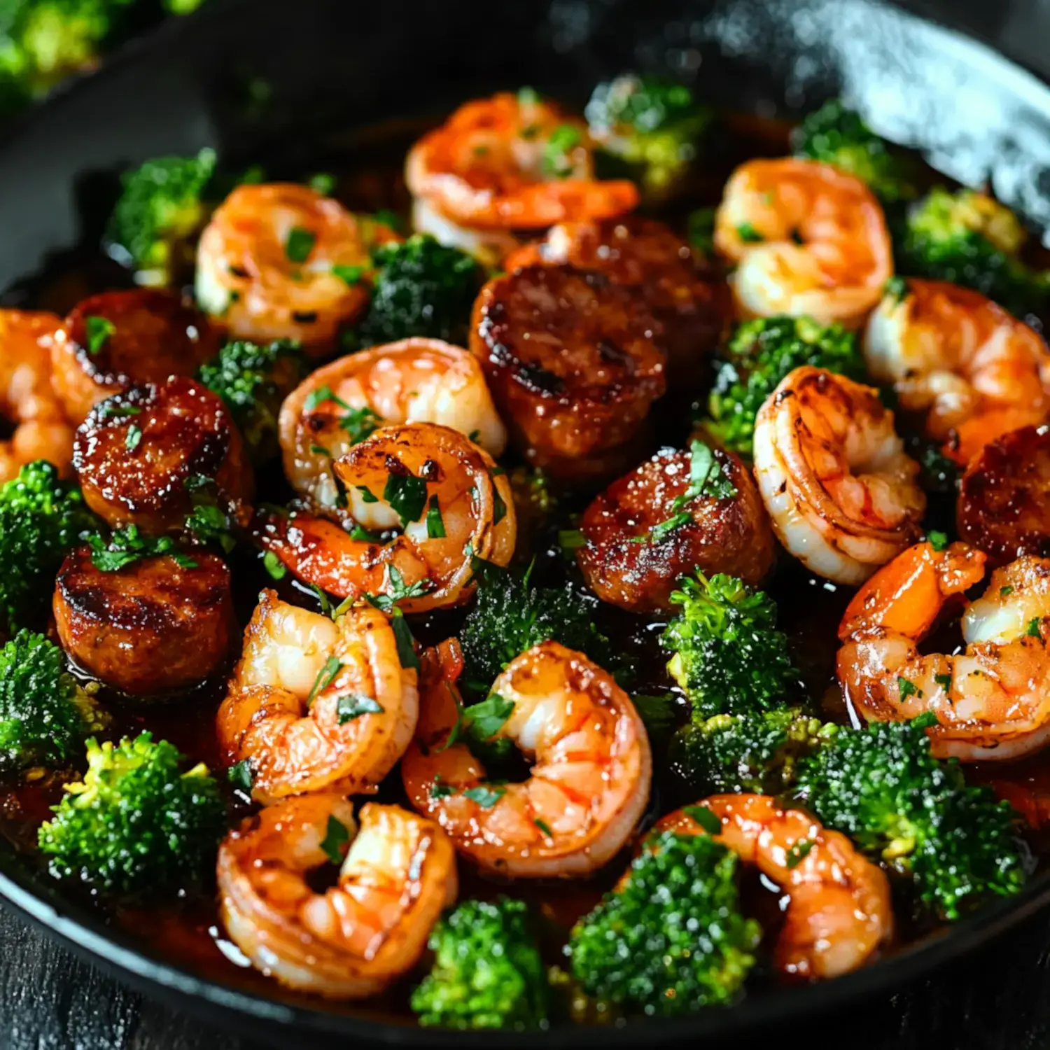 A skillet filled with succulent shrimp and sausages mixed with vibrant broccoli in a savory sauce.