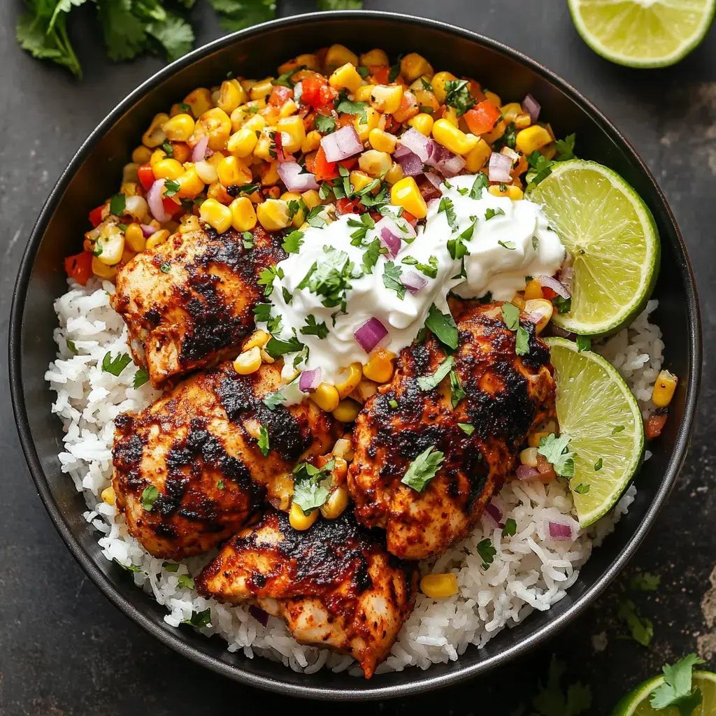 A black bowl filled with white rice topped with grilled chicken, corn, diced tomatoes, red onions, cilantro, lime wedges, and a dollop of sour cream.