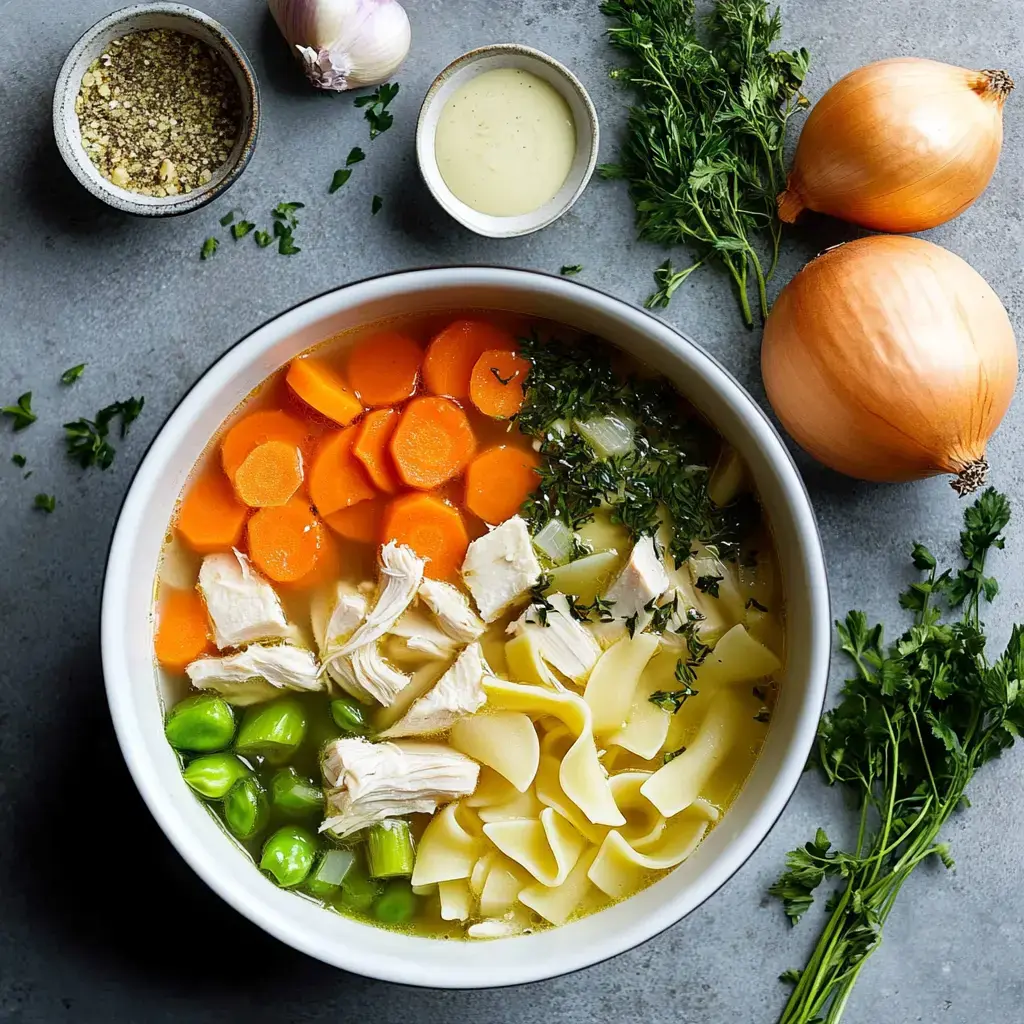 A bowl of chicken noodle soup with carrots, celery, and herbs, accompanied by onions, shallots, and seasoning on a gray surface.