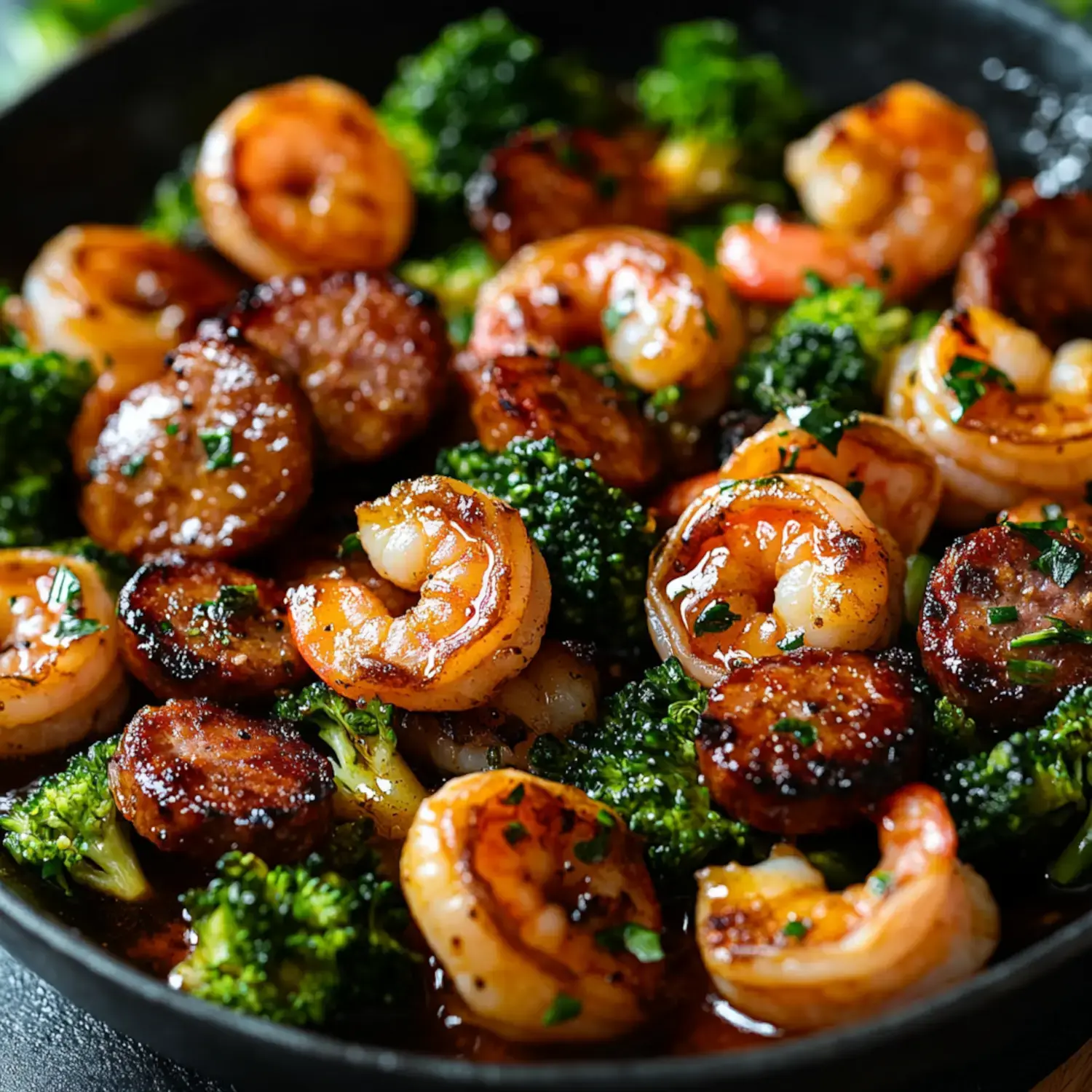 A vibrant dish of sautéed shrimp and sausage served on a bed of broccoli, garnished with herbs.