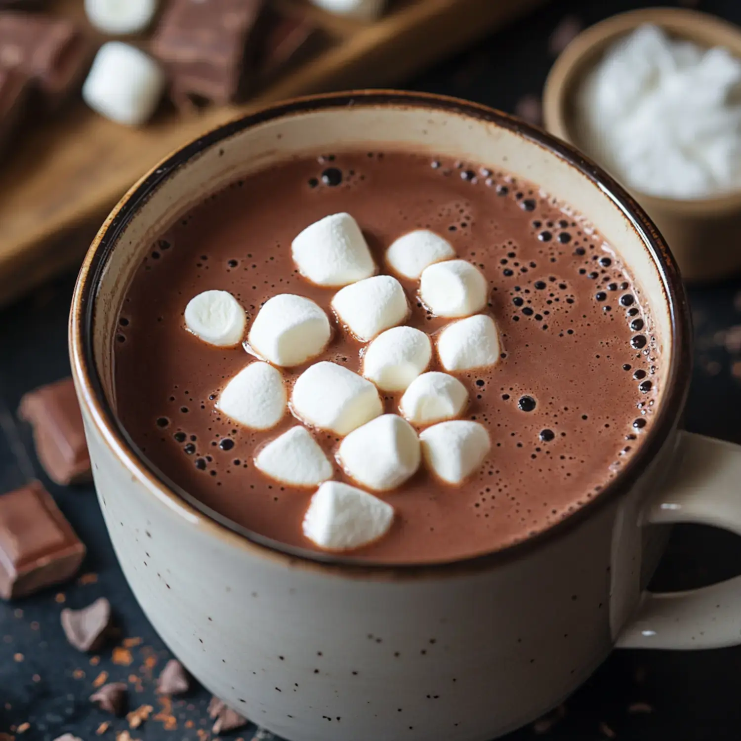 A mug of hot chocolate topped with fluffy marshmallows, surrounded by chocolate pieces and a bowl of whipped cream.