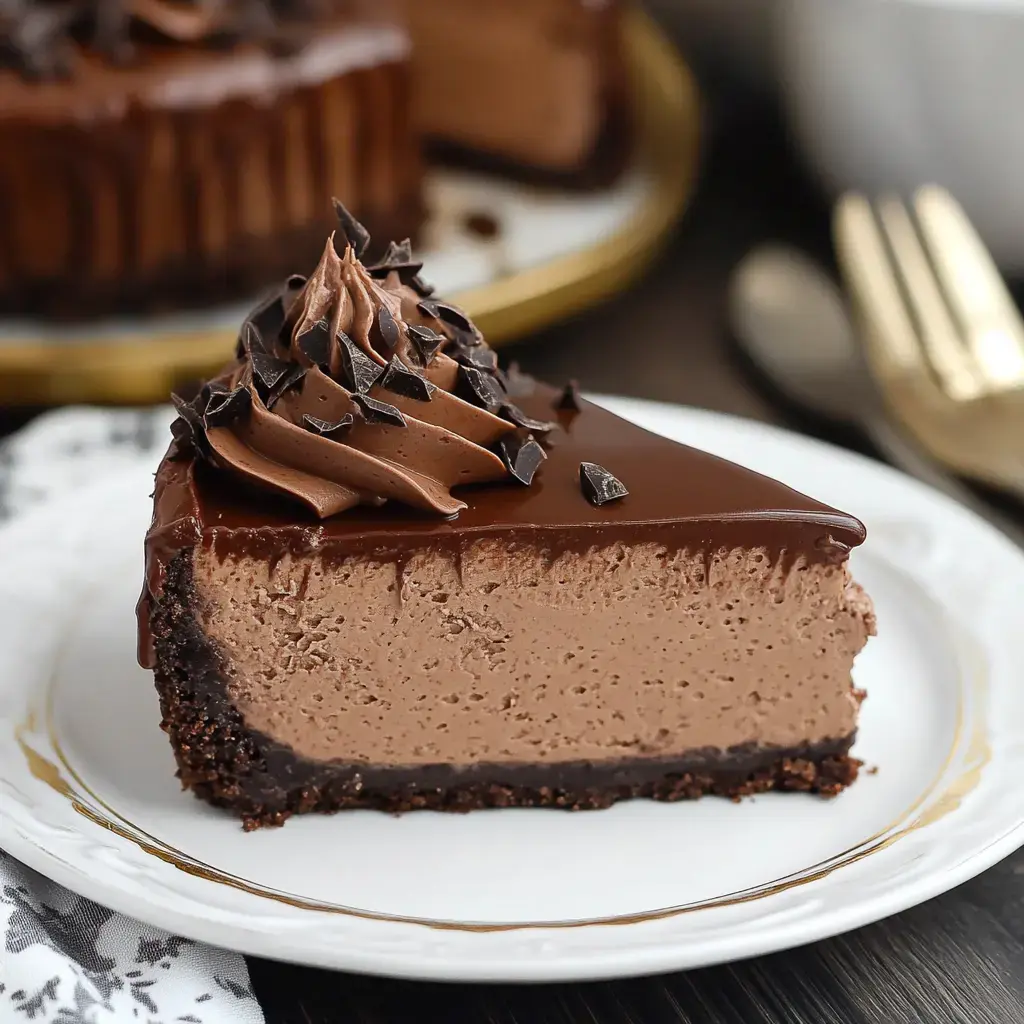 A slice of rich chocolate cheesecake topped with chocolate frosting and shavings on a decorative plate.