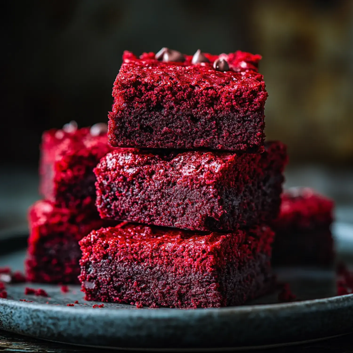 A stack of rich red velvet brownies topped with chocolate chips on a dark plate.