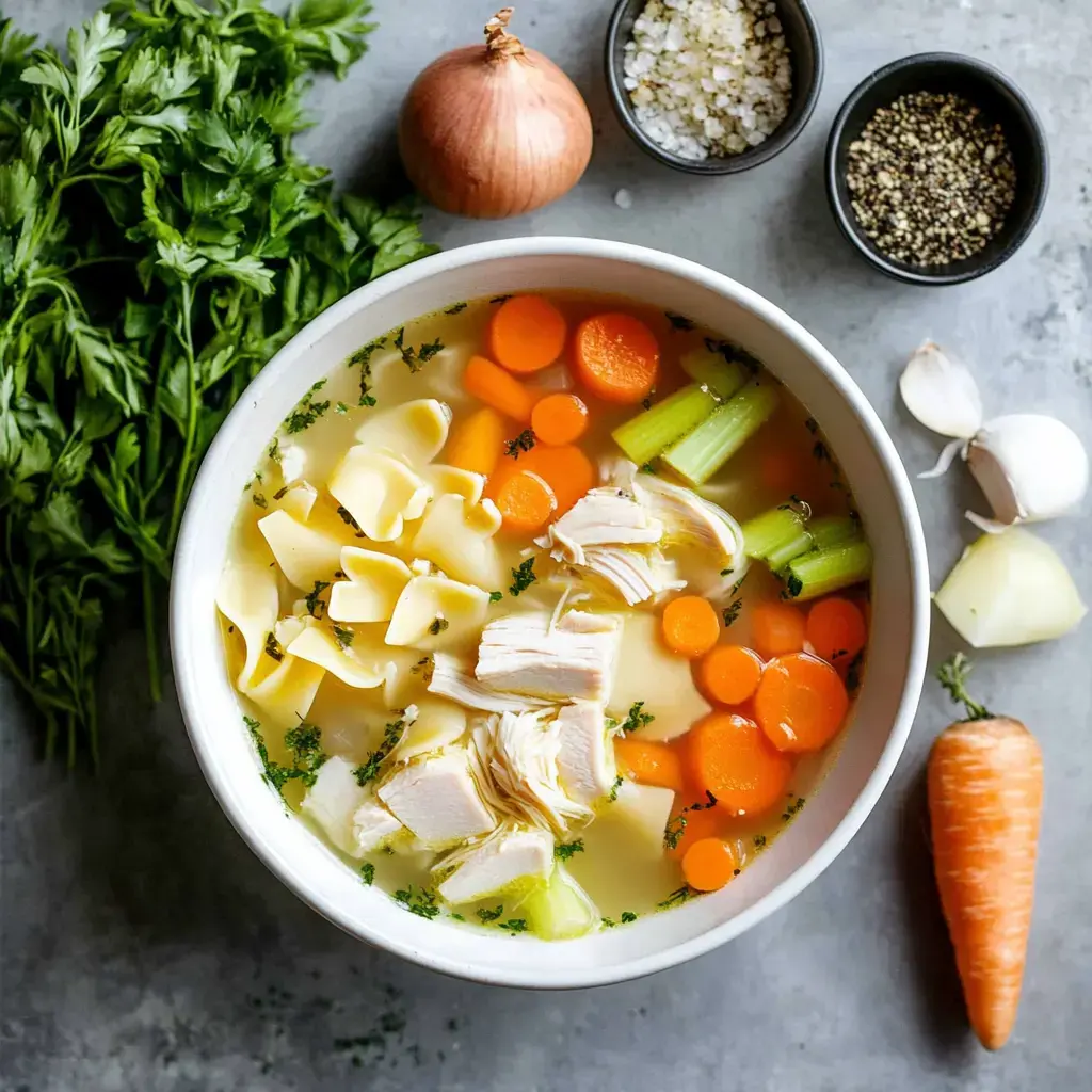 A bowl of chicken noodle soup with carrots, celery, noodles, and shredded chicken, surrounded by fresh ingredients like parsley, an onion, garlic, and assorted seasonings.