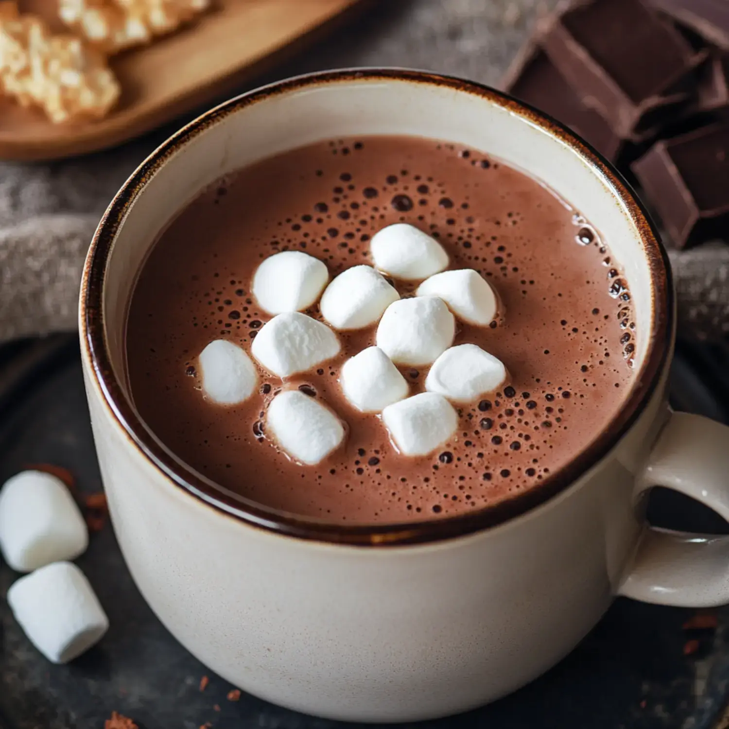 A cozy cup of hot chocolate topped with fluffy marshmallows, accompanied by chocolate pieces and cookies.