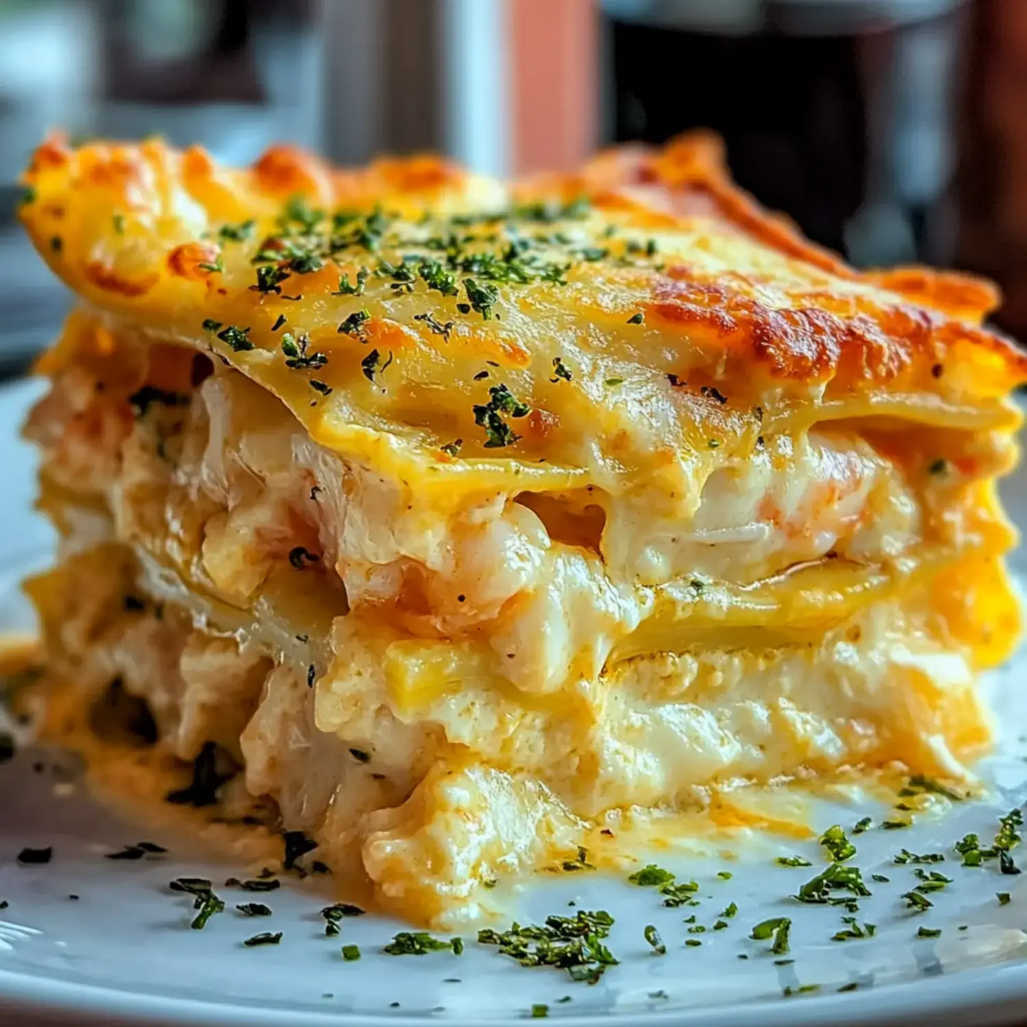 A close-up of a deliciously layered lasagna slice topped with golden cheese and garnished with herbs on a white plate.