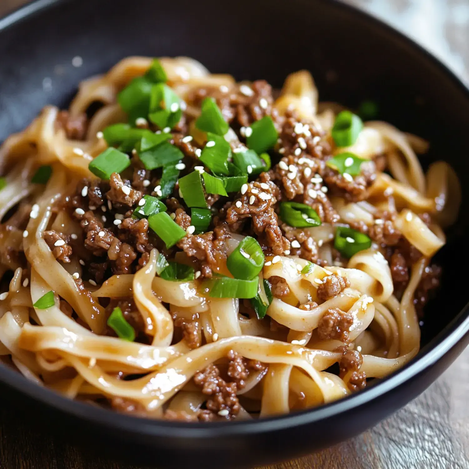 A bowl of noodles topped with ground beef, chopped green onions, and sesame seeds.