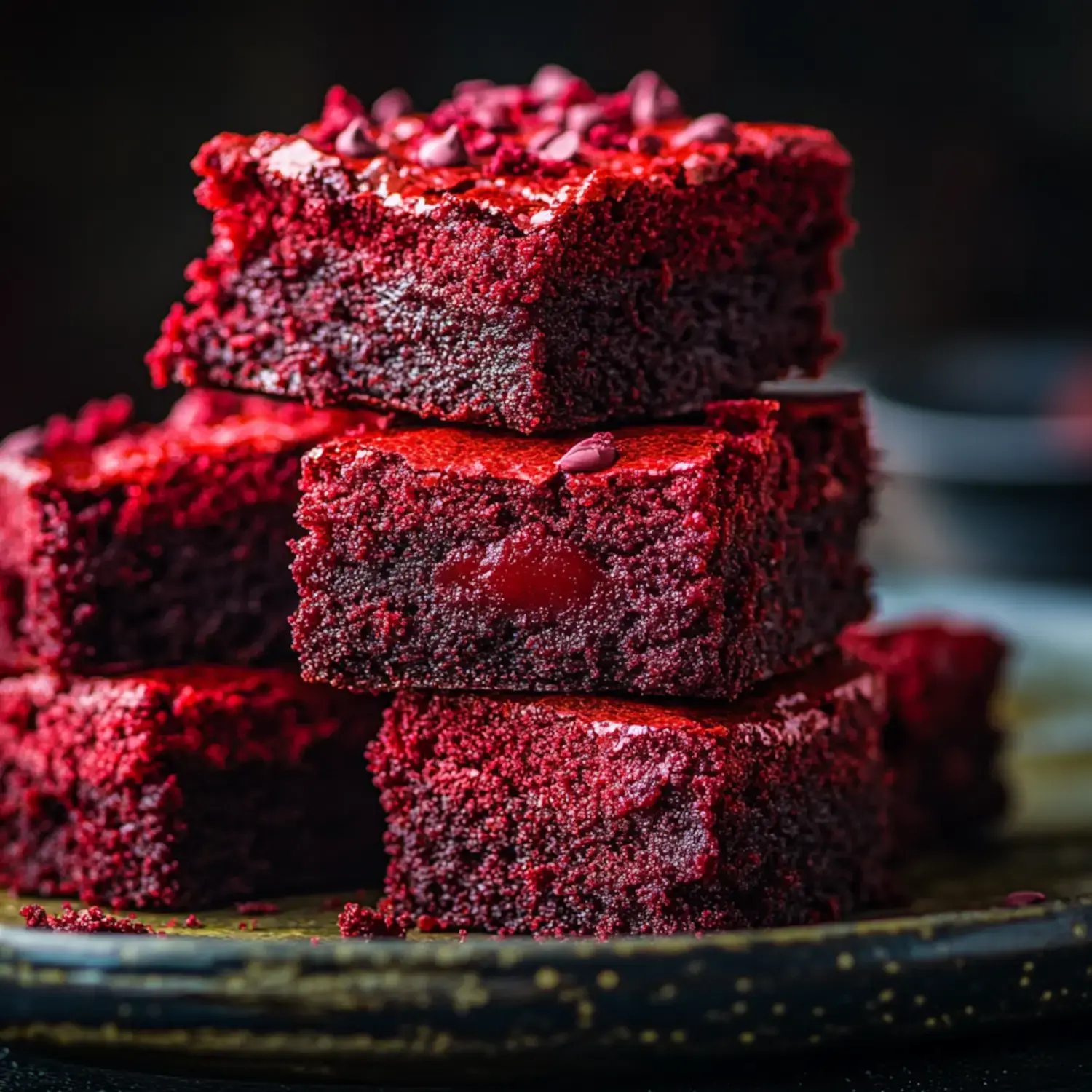 A stack of rich red velvet brownies topped with chocolate chips on a dark plate.