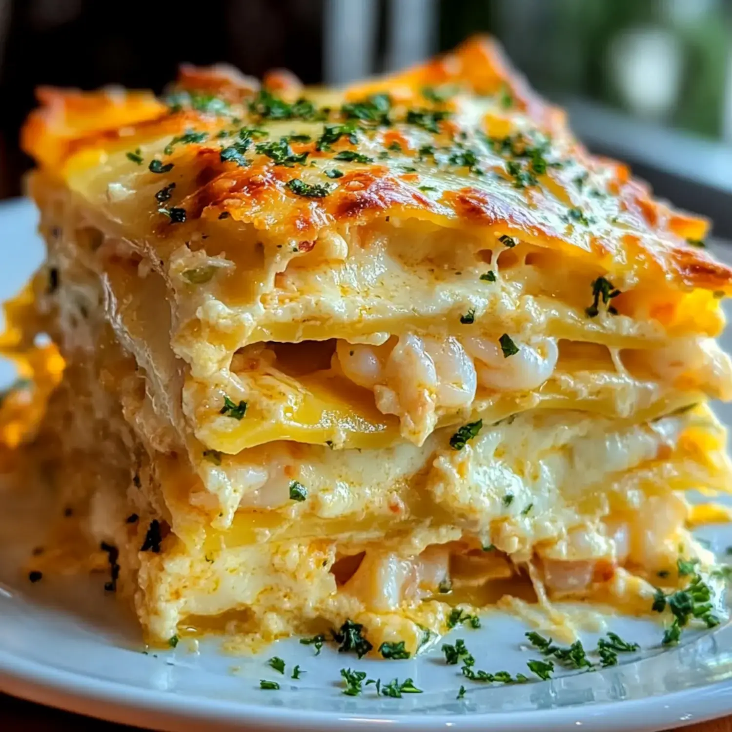 A layered shrimp lasagna topped with melted cheese and garnished with parsley, served on a white plate.