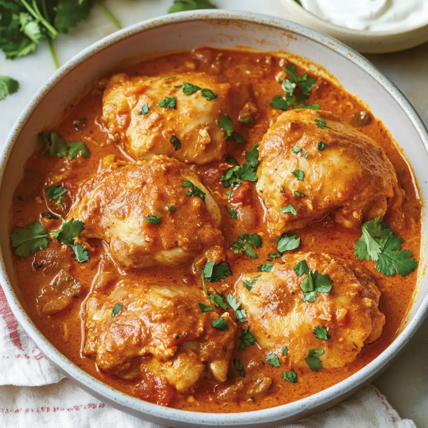 A bowl of chicken thighs in a rich, spiced tomato sauce, garnished with fresh cilantro.