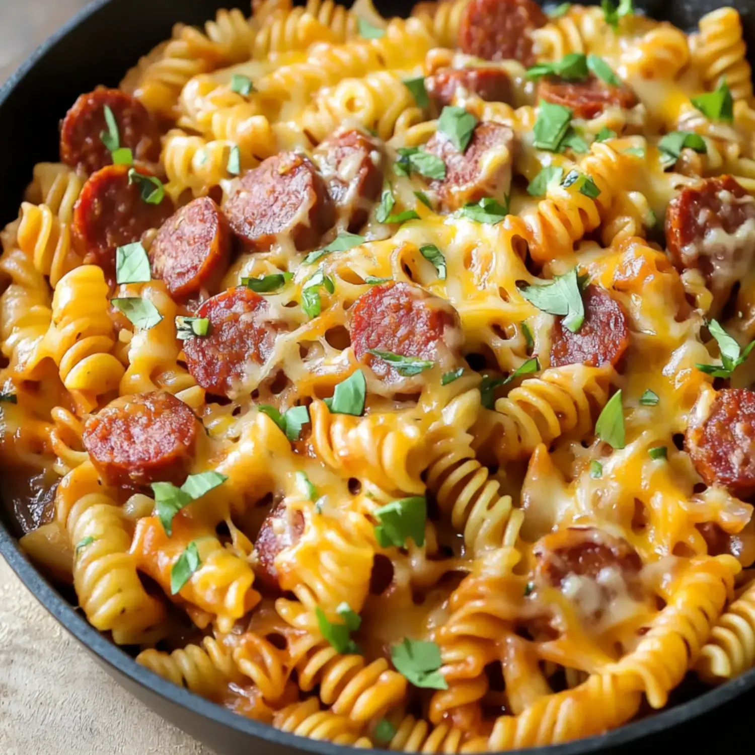 A close-up of a skillet filled with spiral pasta mixed with slices of pepperoni and topped with melted cheese and fresh green herbs.