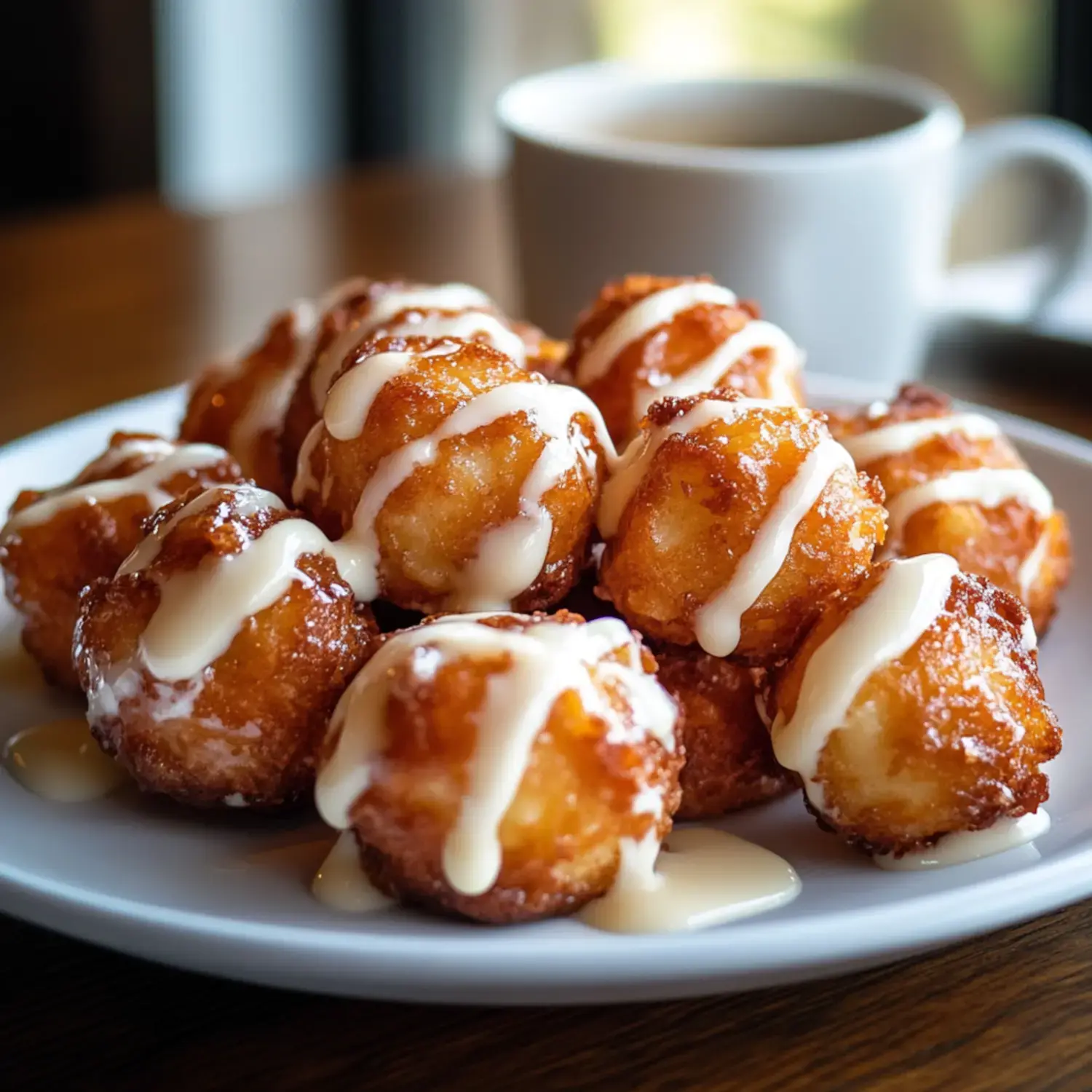 A plate of golden fried dough balls drizzled with creamy icing, accompanied by a cup of coffee in the background.