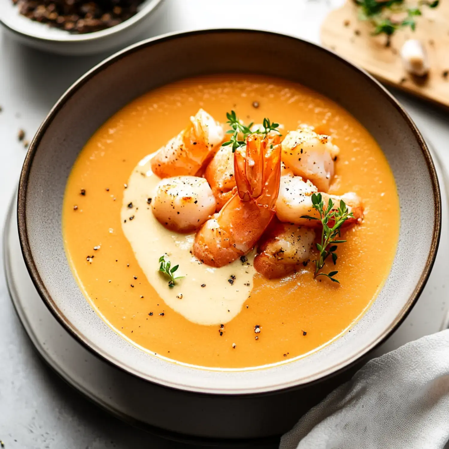 A bowl of creamy orange soup topped with shrimp, a swirl of sauce, and a sprinkle of herbs.