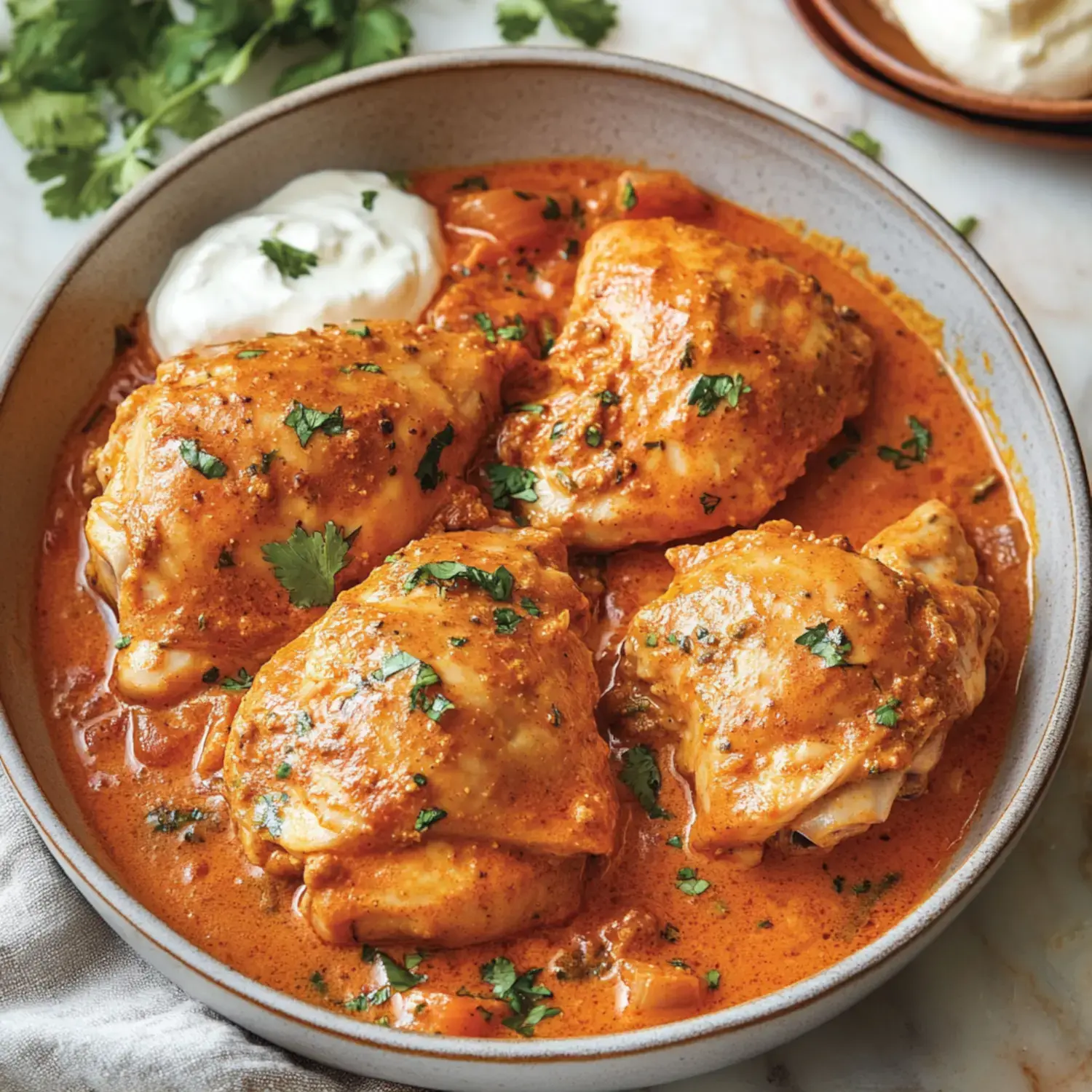 A bowl of chicken thighs in a rich, spiced sauce garnished with fresh cilantro, accompanied by a dollop of yogurt.