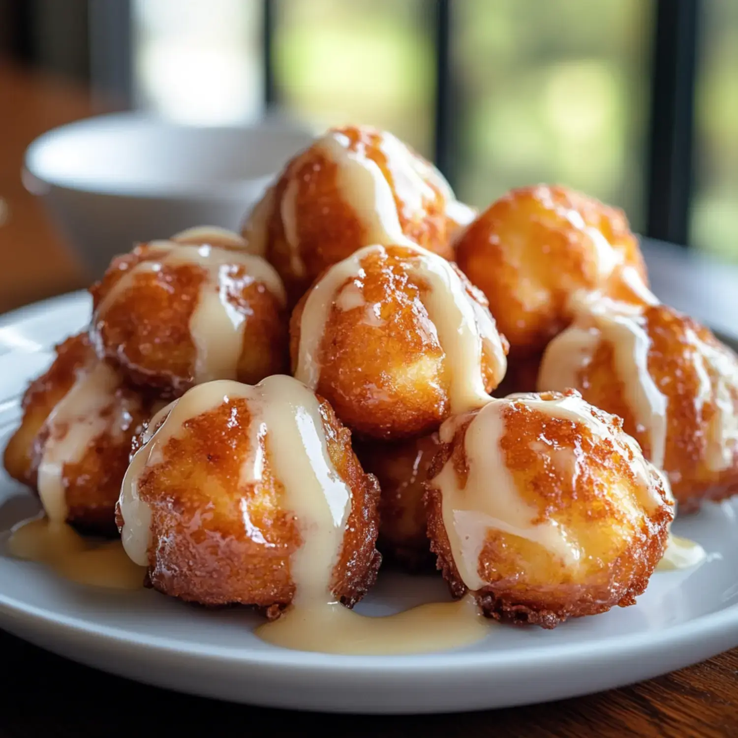 A plate of golden, fried dough balls drizzled with a creamy glaze.