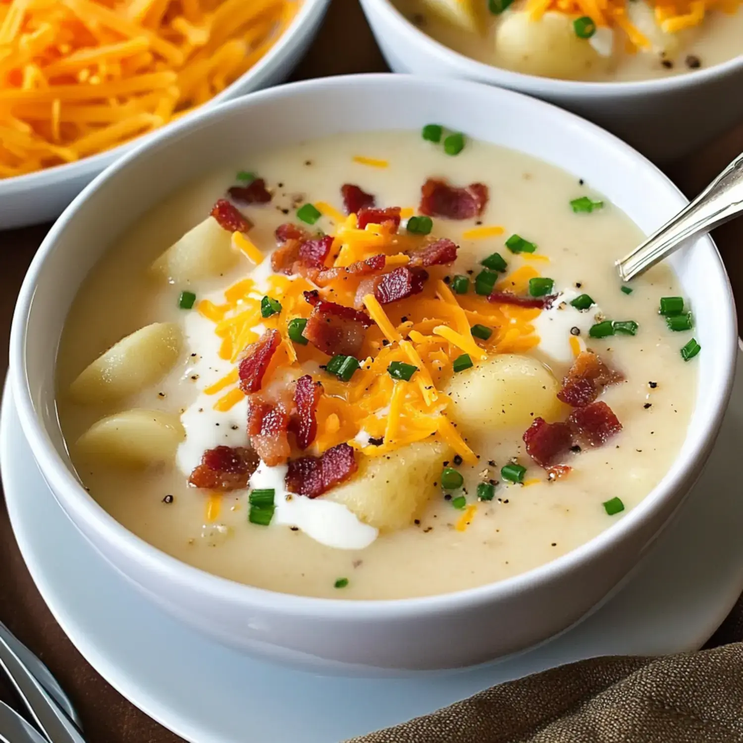 A bowl of creamy potato soup topped with shredded cheese, bacon bits, and chopped green onions, with another bowl of cheese in the background.