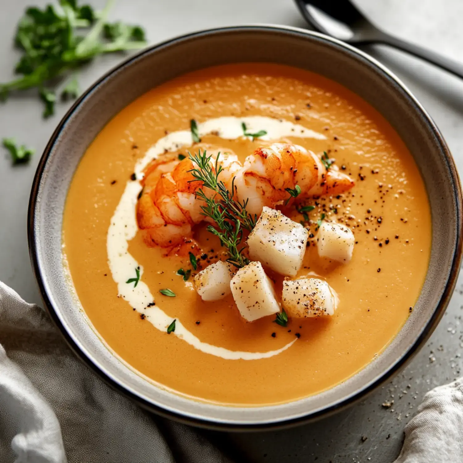 A bowl of creamy shrimp and scallop soup garnished with herbs and a swirl of cream.