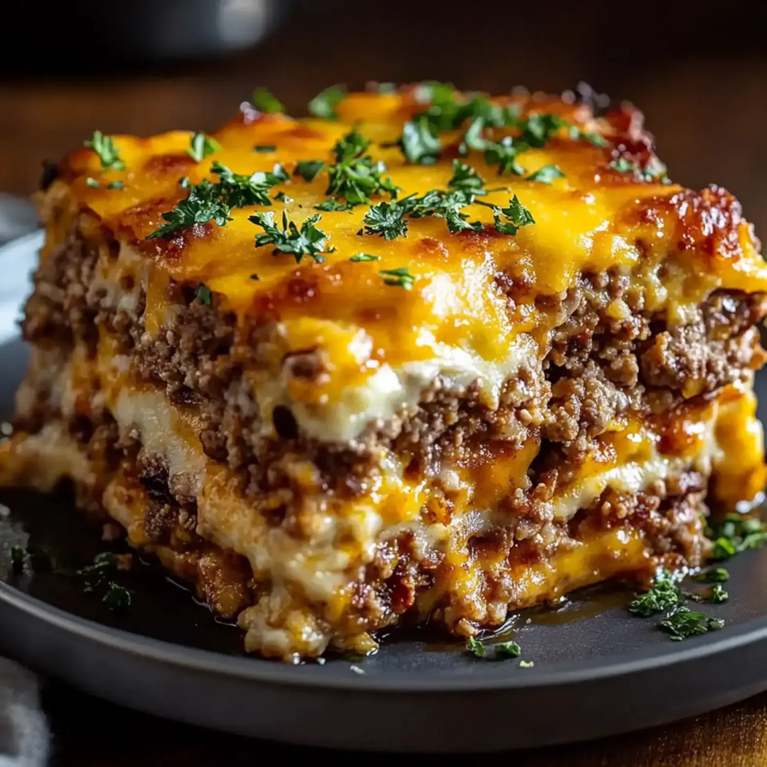 A hearty slice of lasagna topped with melted cheese and garnished with fresh parsley on a dark plate.