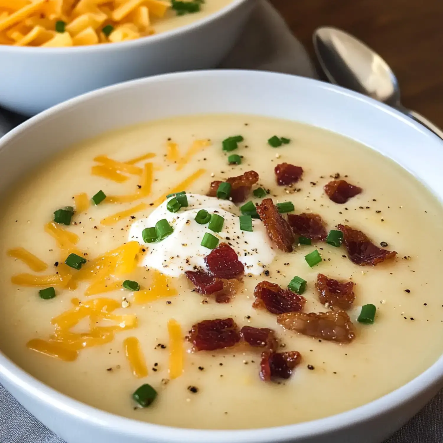 A bowl of creamy soup topped with shredded cheese, crispy bacon, chopped chives, and a dollop of sour cream.