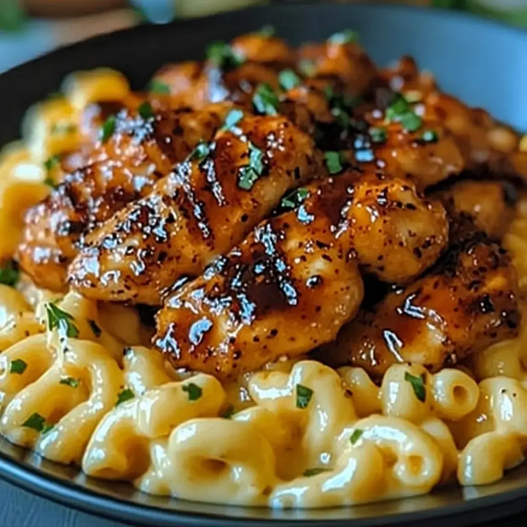 A bowl of creamy macaroni and cheese topped with grilled chicken pieces garnished with green herbs.