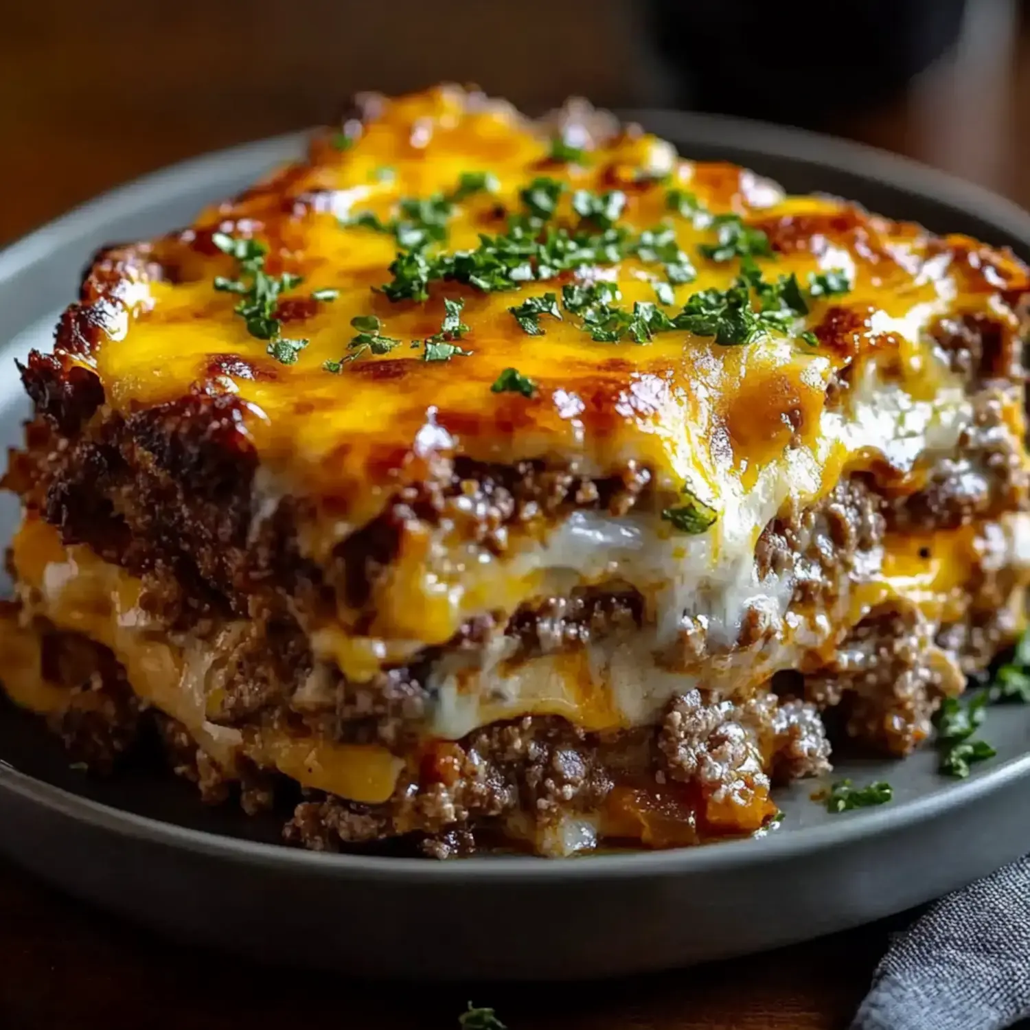 A close-up of a layered lasagna with ground beef, melted cheese, and herbs on top, served on a gray plate.