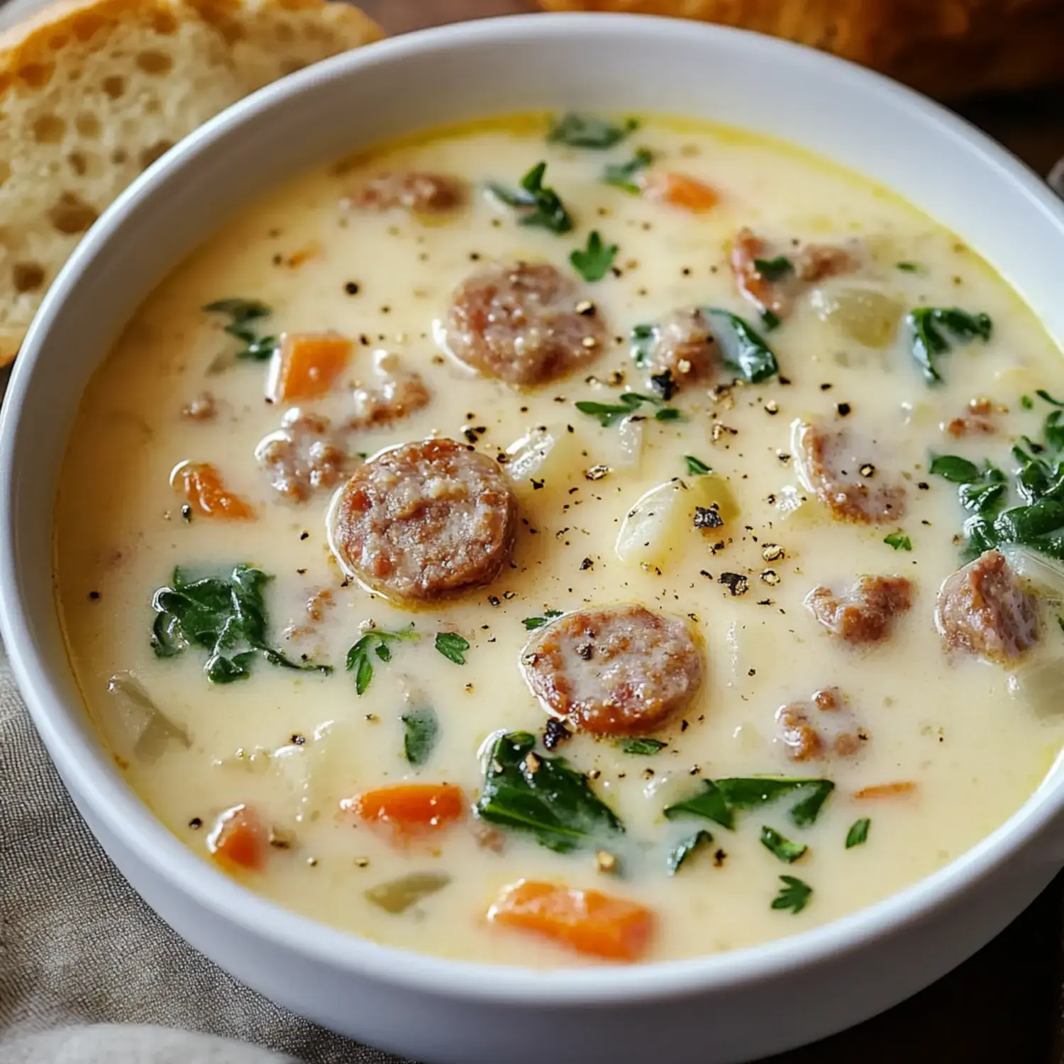 A bowl of creamy soup with sausage, vegetables, and garnished with herbs, next to a piece of bread.