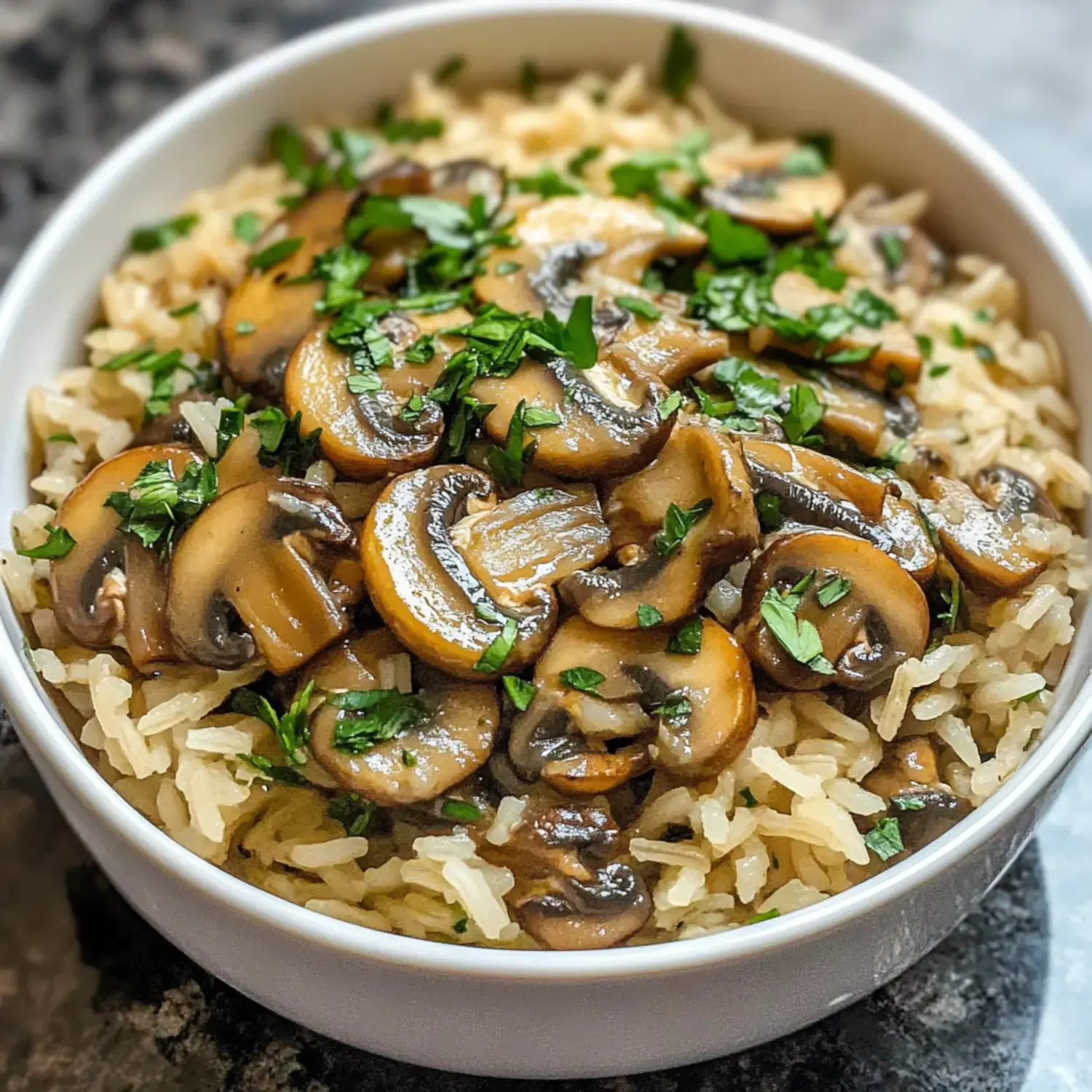 A bowl of cooked rice topped with sautéed mushrooms and chopped parsley.