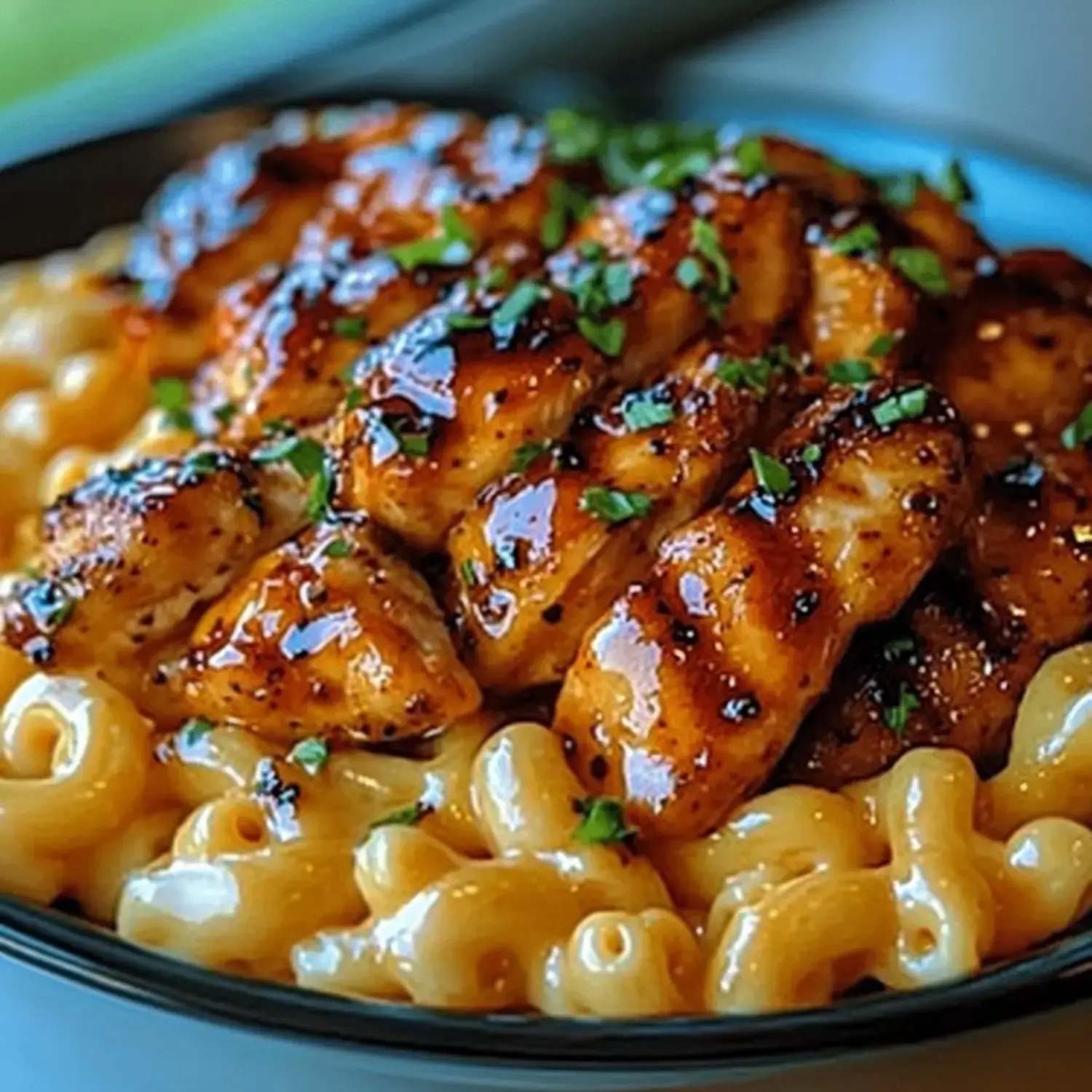 A bowl of creamy macaroni and cheese topped with grilled, glazed chicken pieces and garnished with chopped parsley.