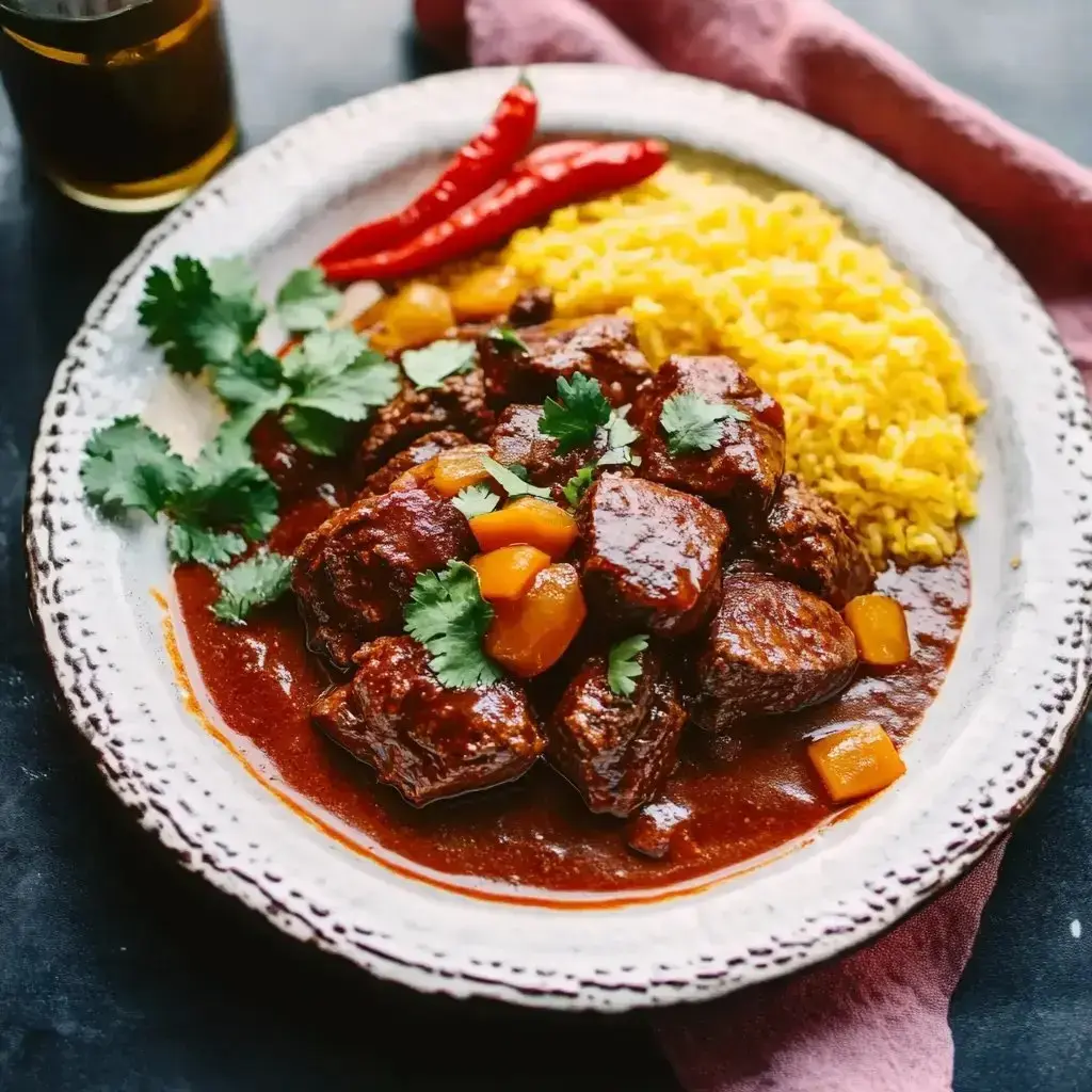 A plate of savory beef stew garnished with cilantro and served with yellow rice and red chilies.