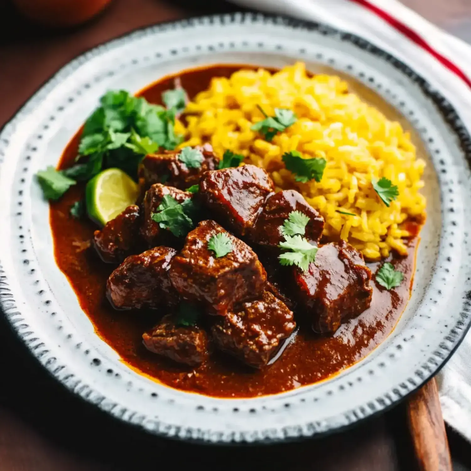 A plate of flavorful beef stew with cilantro and lime, served alongside yellow rice garnished with herbs.