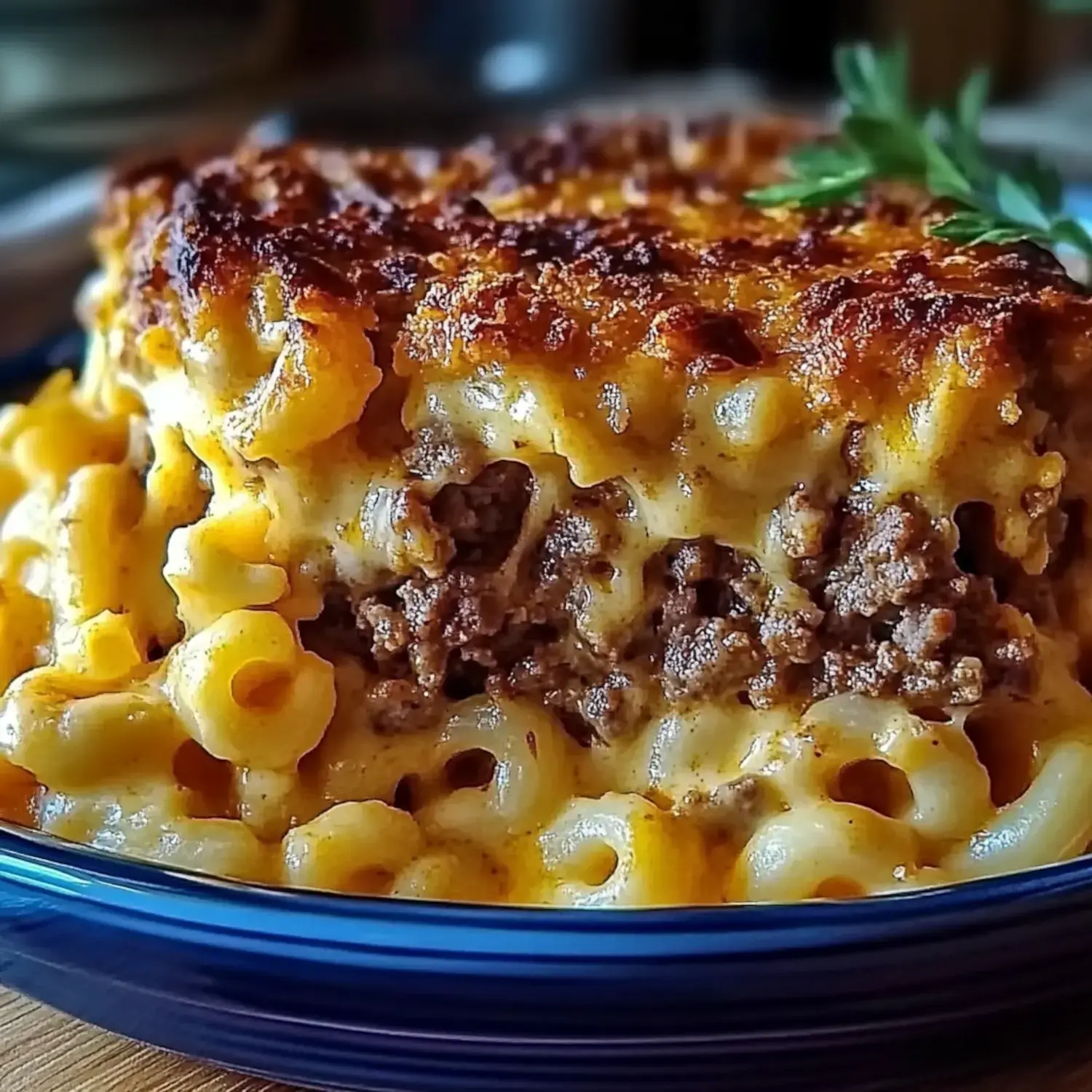 A close-up of a cheesy, baked macaroni and cheese dish layered with seasoned ground beef.